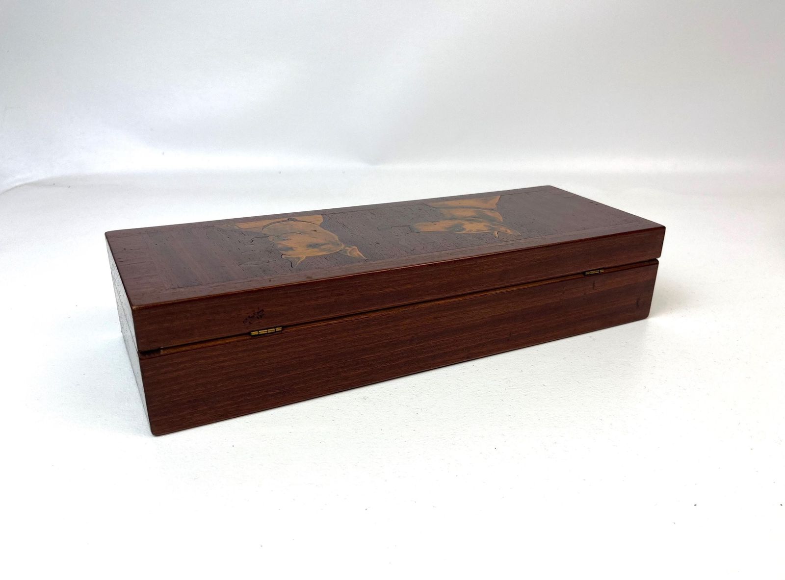 photo for sale Stunning Antique Art Deco Dogs Marquetry Wooden Tobacco Box Lock & Key Signed Masterpiece 1934