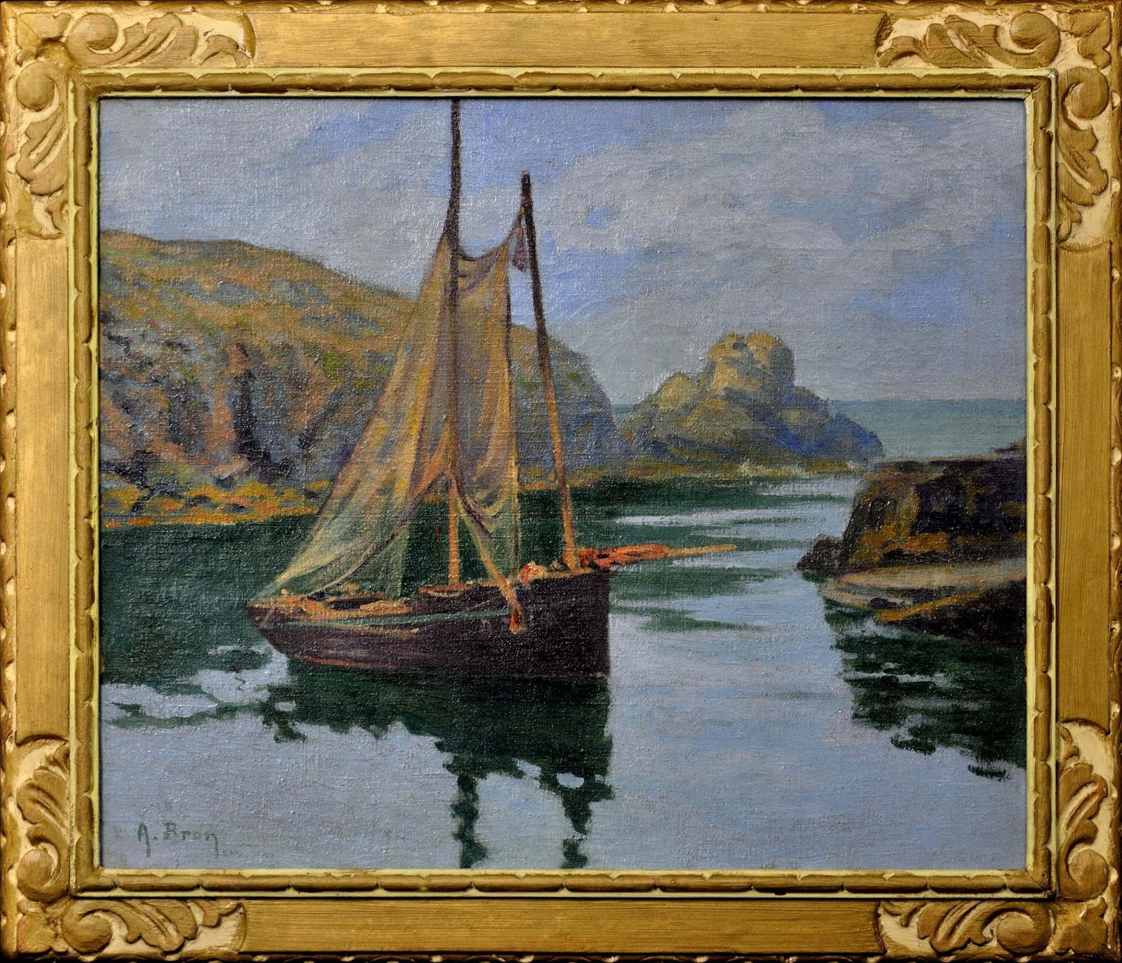 Achille Bron 1867 To 1949. A Small Boat In A Cove, La Côte Sauvage. Framed Circa 1920 French Coastal Oil Painting.