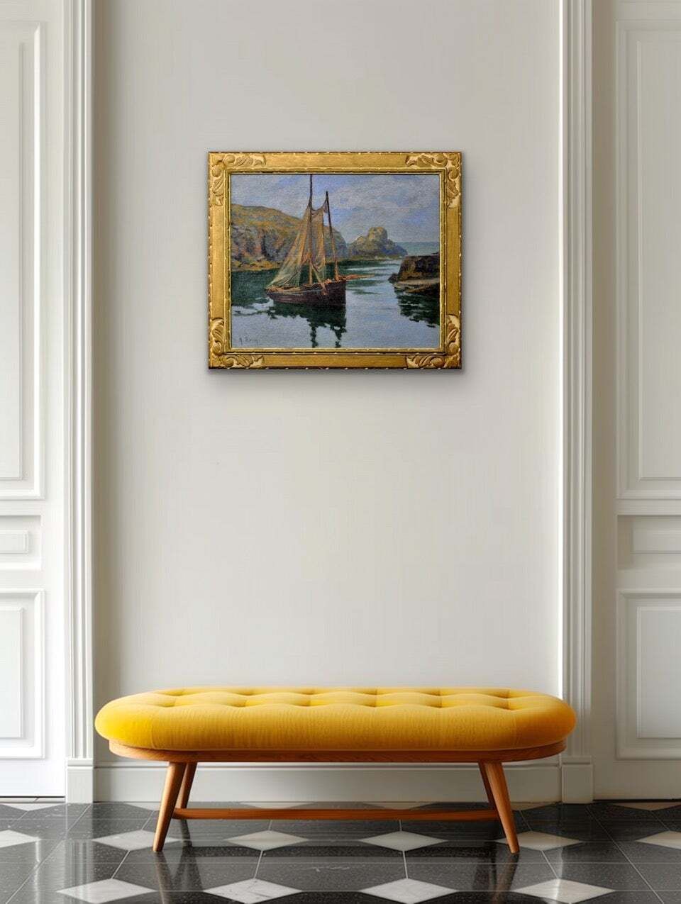 photo for sale Achille Bron 1867 To 1949. A Small Boat In A Cove, La Côte Sauvage. Framed Circa 1920 French Coastal Oil Painting.