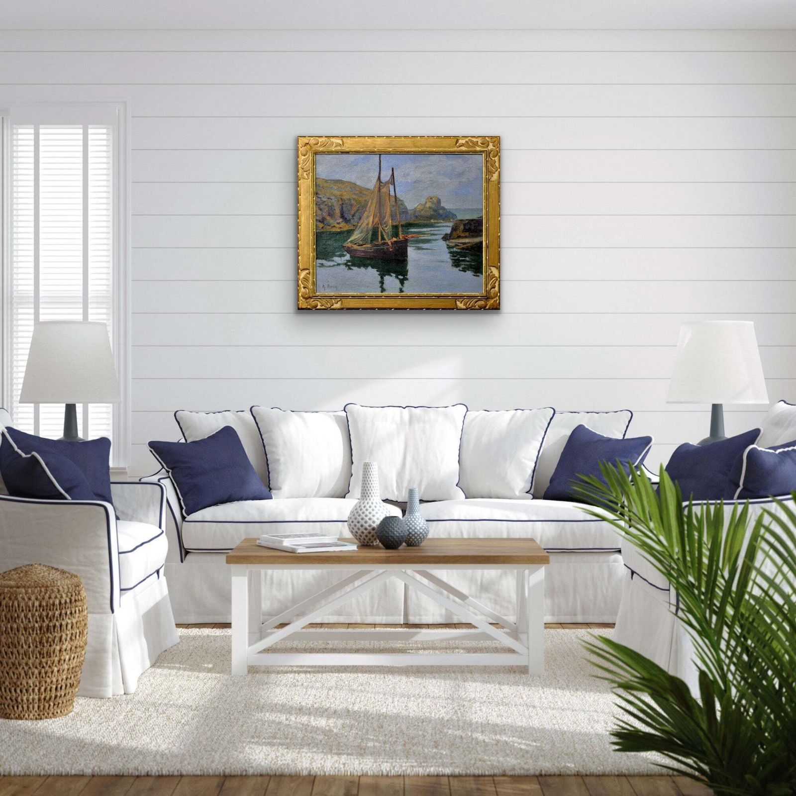 photo vintage Achille Bron 1867 To 1949. A Small Boat In A Cove, La Côte Sauvage. Framed Circa 1920 French Coastal Oil Painting.