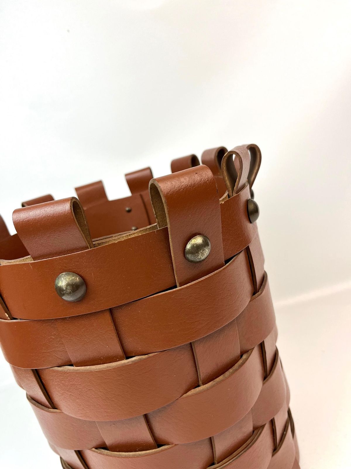 Impressive Mid Century Thick Brown Leather Hand Made Waste Paper Bin Italy 1960 photo for sale