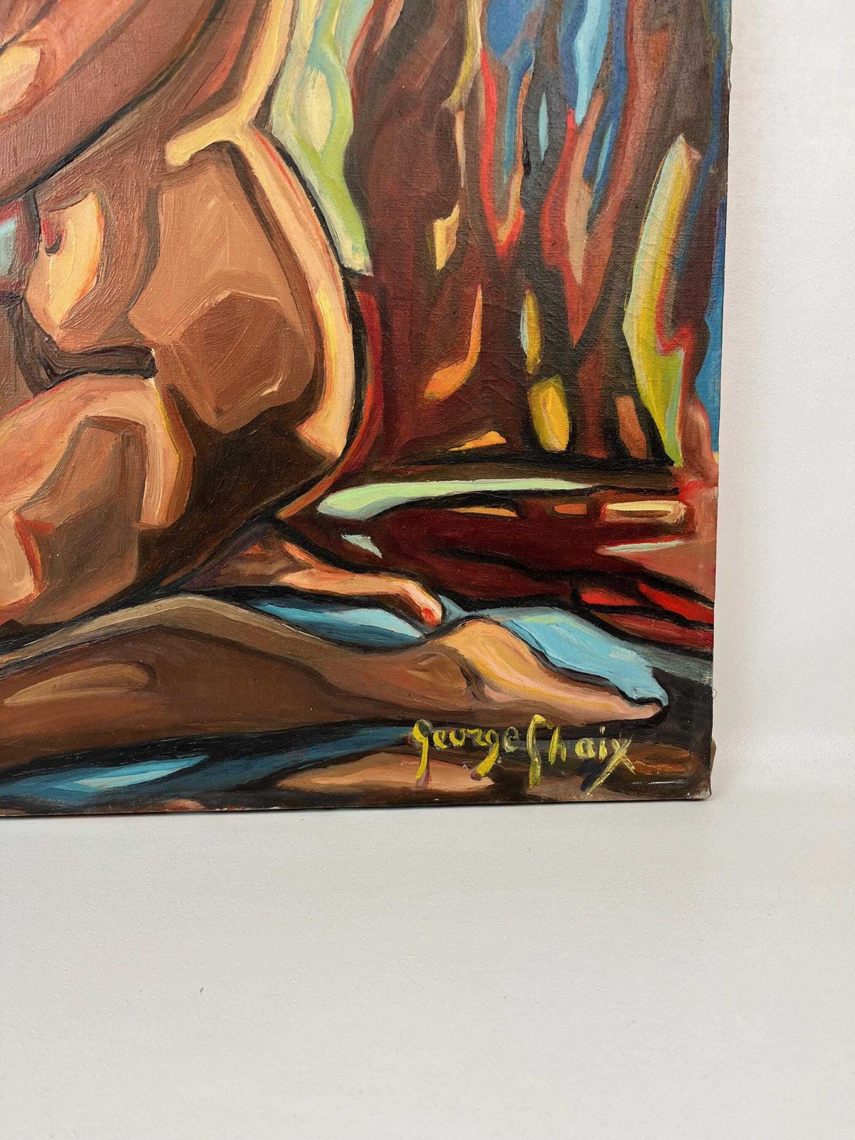 Groot olieverfschilderij op doek, mid-century, laat expressionisme, vrouwelijk naakt in een levendig landschap photo buy