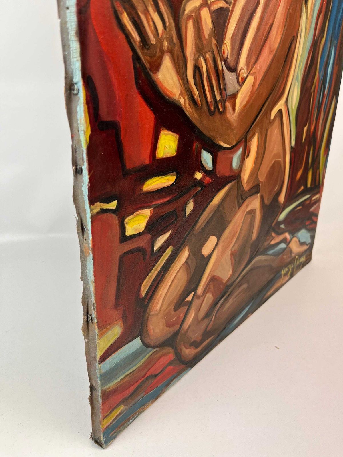 Kunst Groot olieverfschilderij op doek, mid-century, laat expressionisme, vrouwelijk naakt in een levendig landschap photo