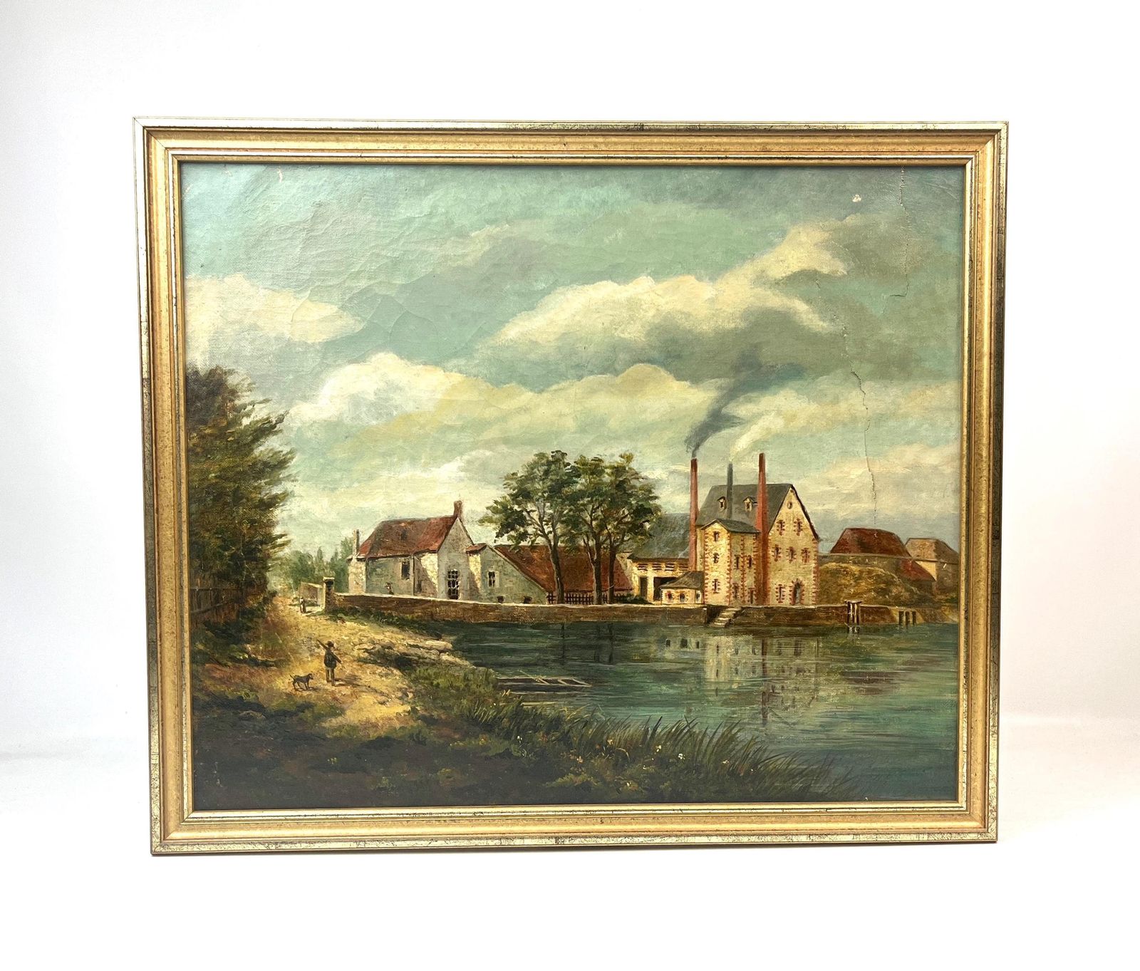 Stunning Antique French Factory Building By The Lake Oil Painting About 1900
