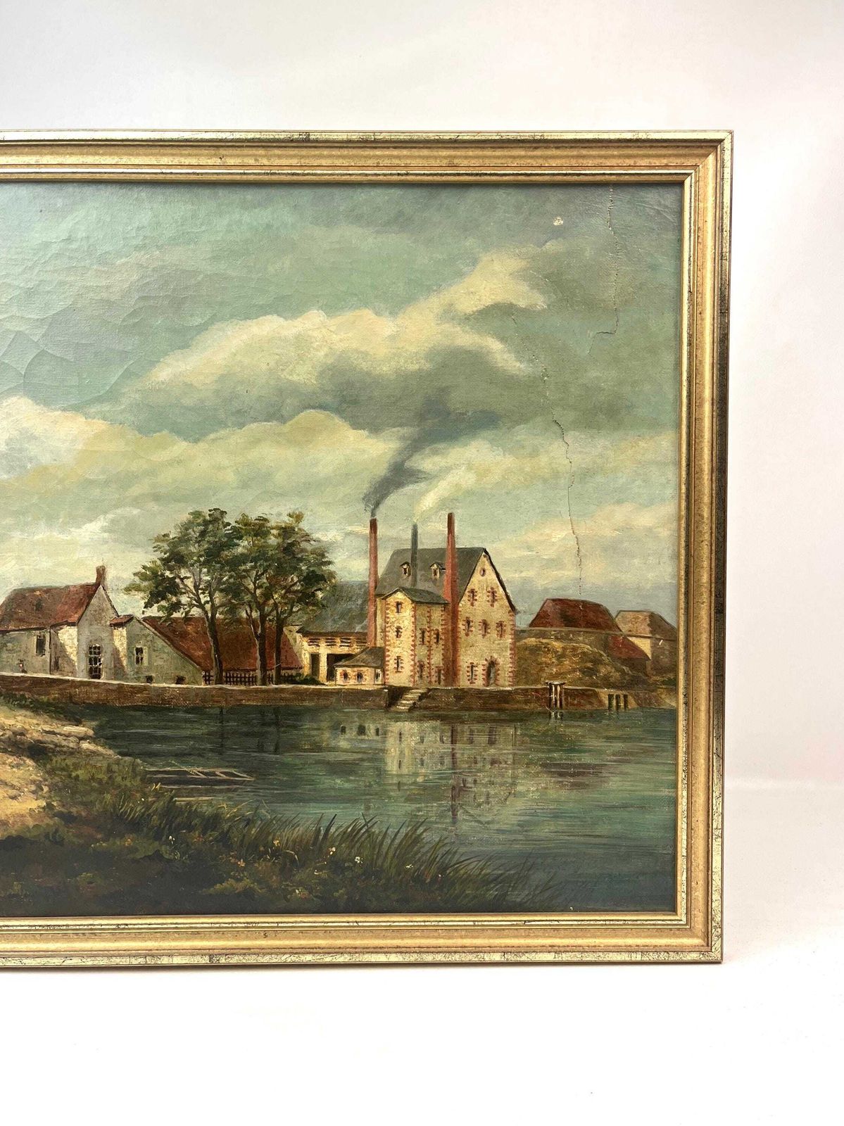 Stunning Antique French Factory Building By The Lake Oil Painting About 1900 photo for sale