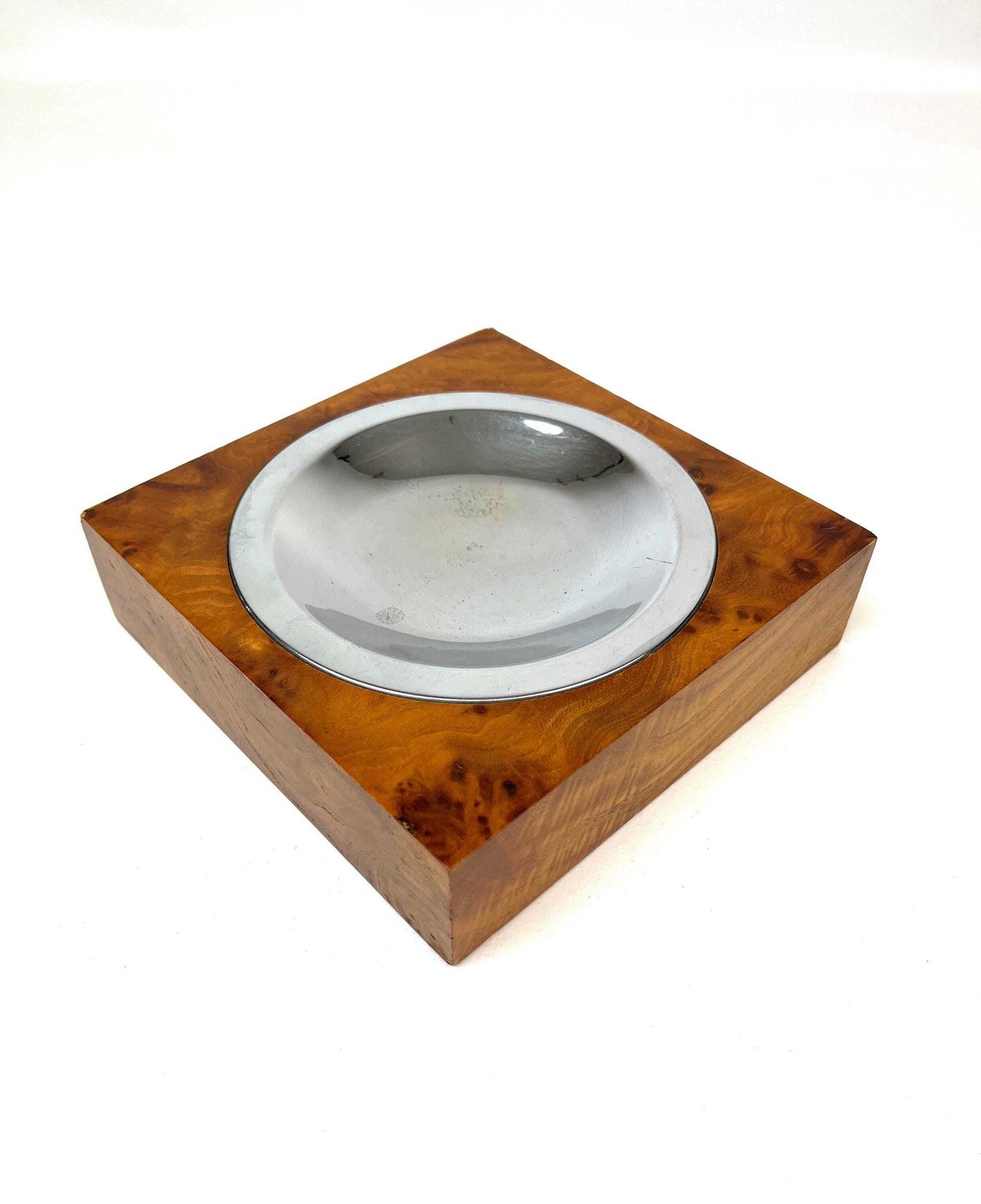 Cubist art deco schaaltje vogeloogesdoorn hout chroom opbergschaal sieraden ring sleutel kantoor Italië 1930