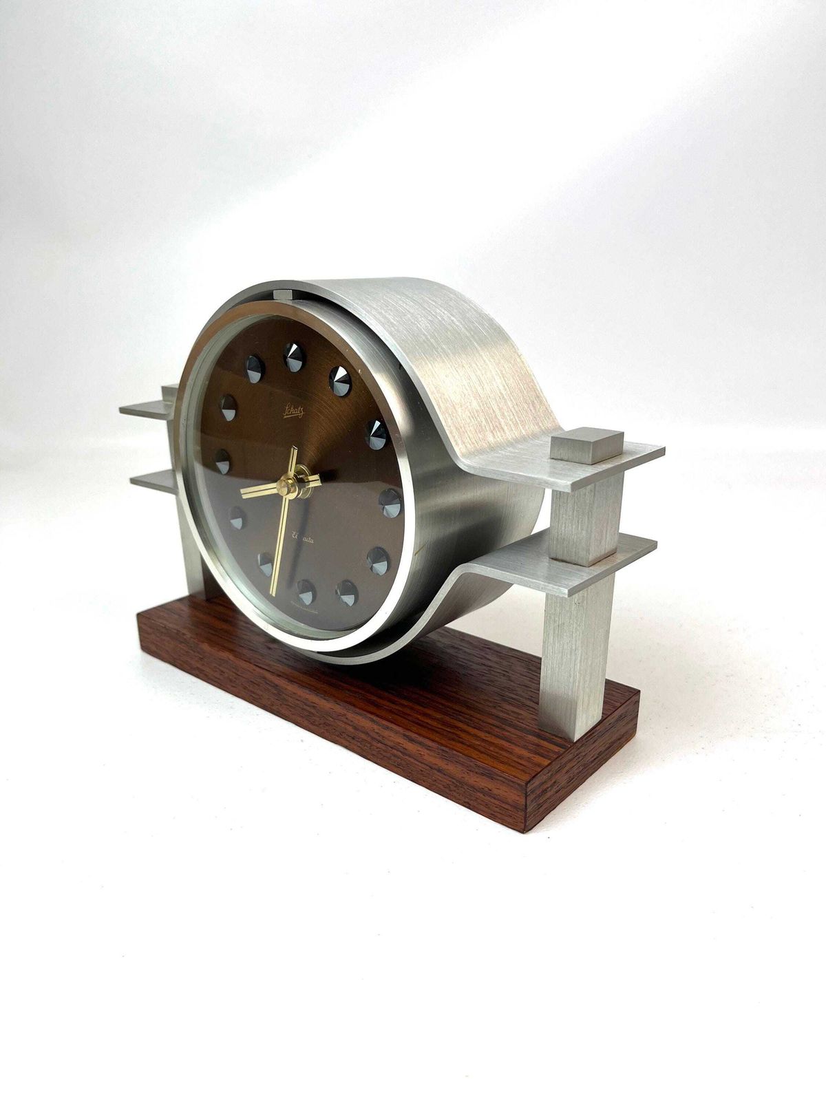 Very Rare Space Age Mid Century Eyeball Desk Clock Teak Foot By Schatz Germany 1960 photo vinterior