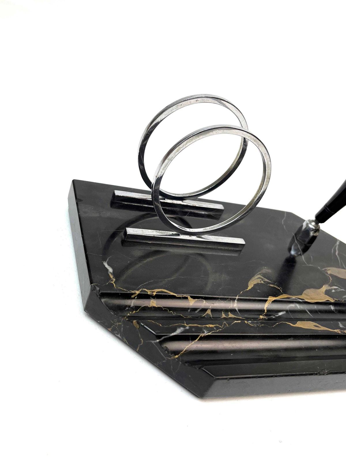 Rare Bauhaus Art Deco Office Letter Holder Desk Organizer Pen Holder Chrome On Portorro Marble 1925 photo for sale