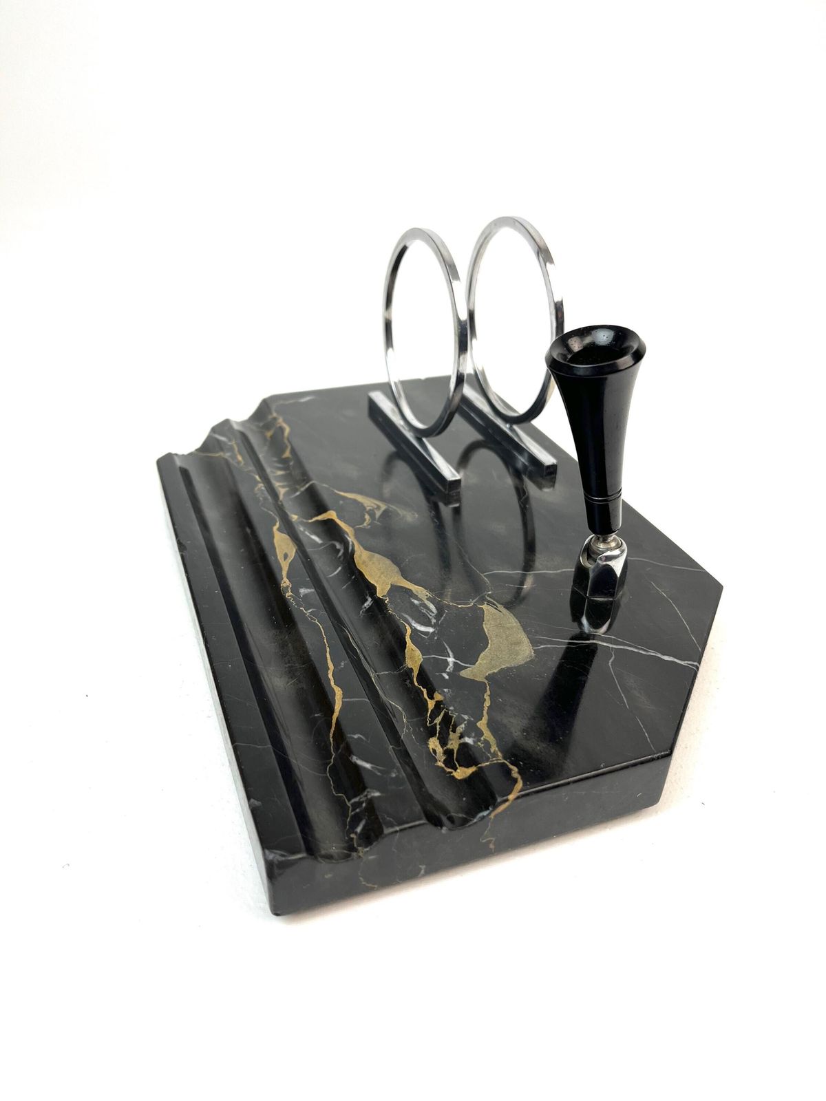 Rare Bauhaus Art Deco Office Letter Holder Desk Organizer Pen Holder Chrome On Portorro Marble 1925 photo 302.0