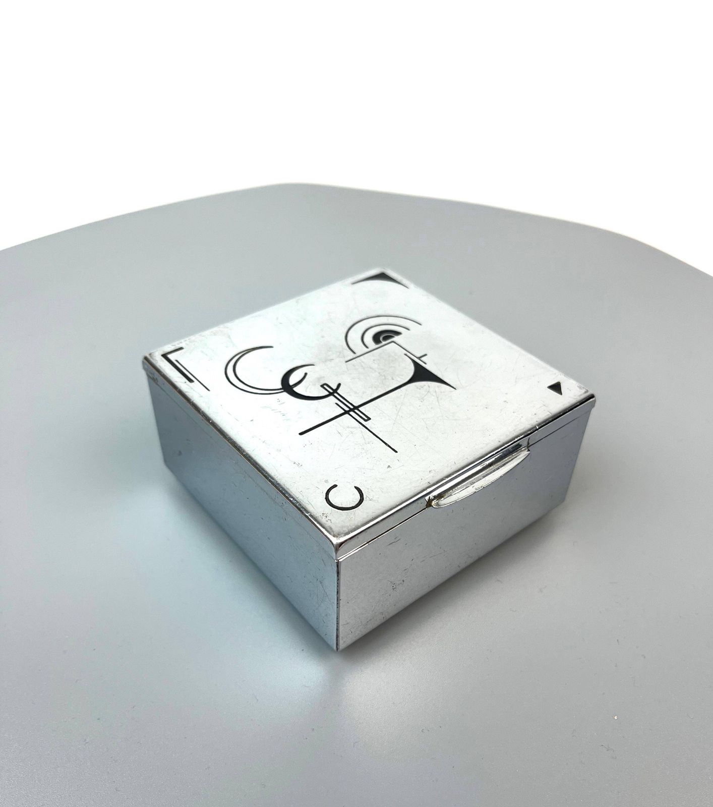 Rare Small Cubist Suprematism Enamel Bauhaus Art Deco Chrome Jewelry Box Germany 1930