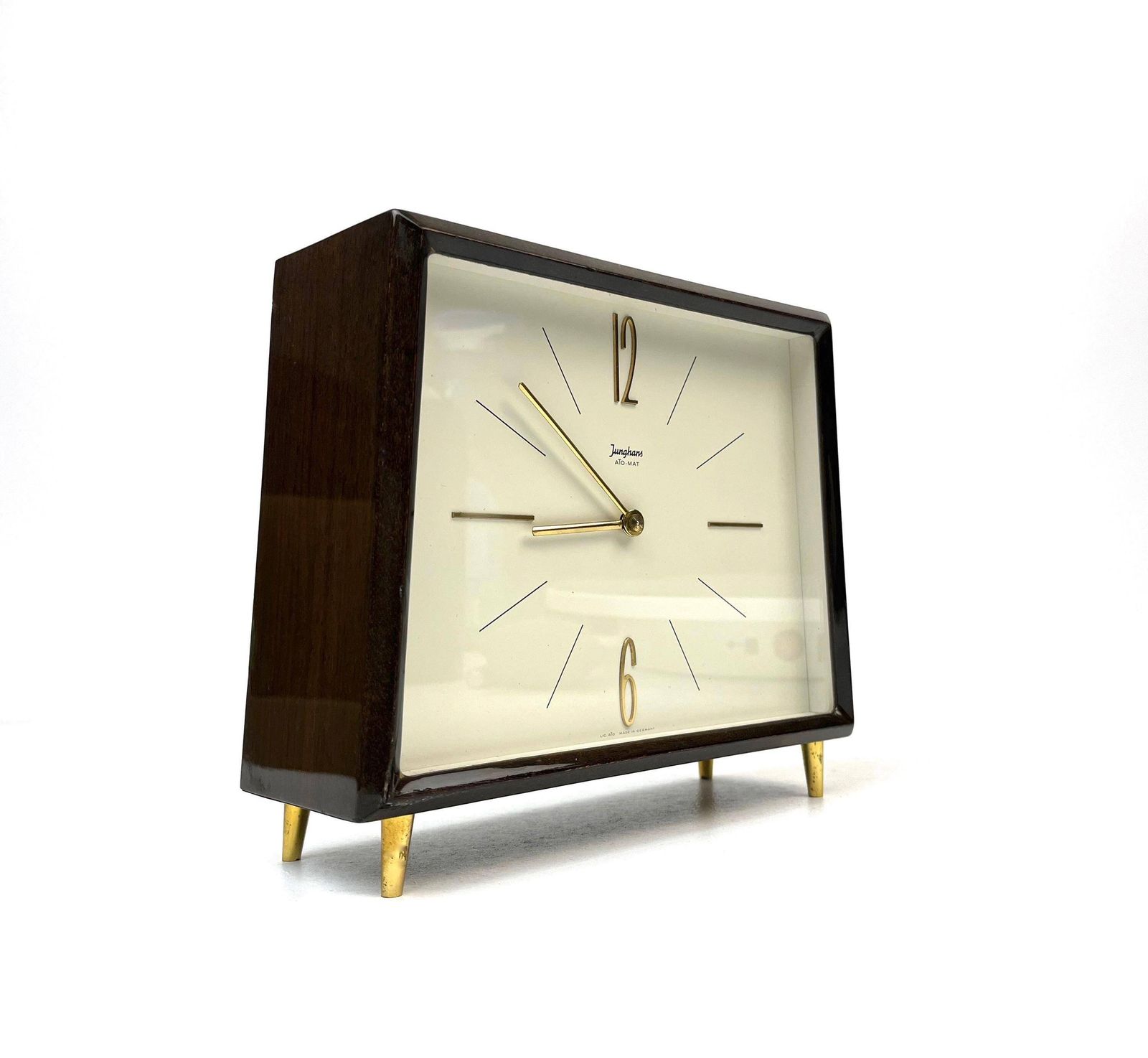 Vintage Mid-Century Cubistisch Teakhouten Bureauklok van Junghans Ato Mat