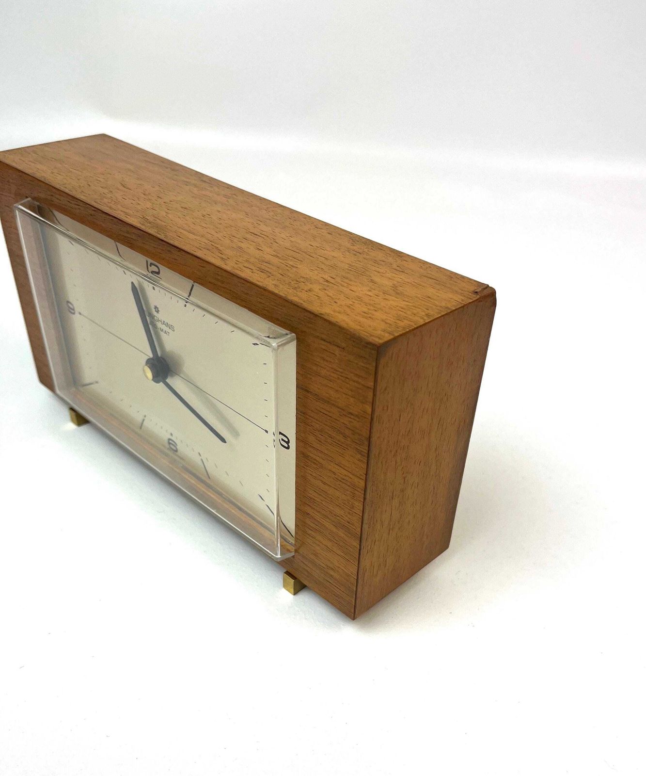 Stunning Mid Century Teak & Brass Desk Clock By Junghans Ato Mat Germany 1960 photo vinterior