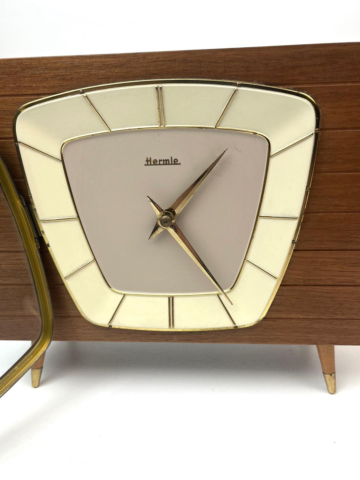 Rare Mid Century Teak Desk Chimny Clock Hairpin Legs By Hermle Germany 1960 photo 645.0