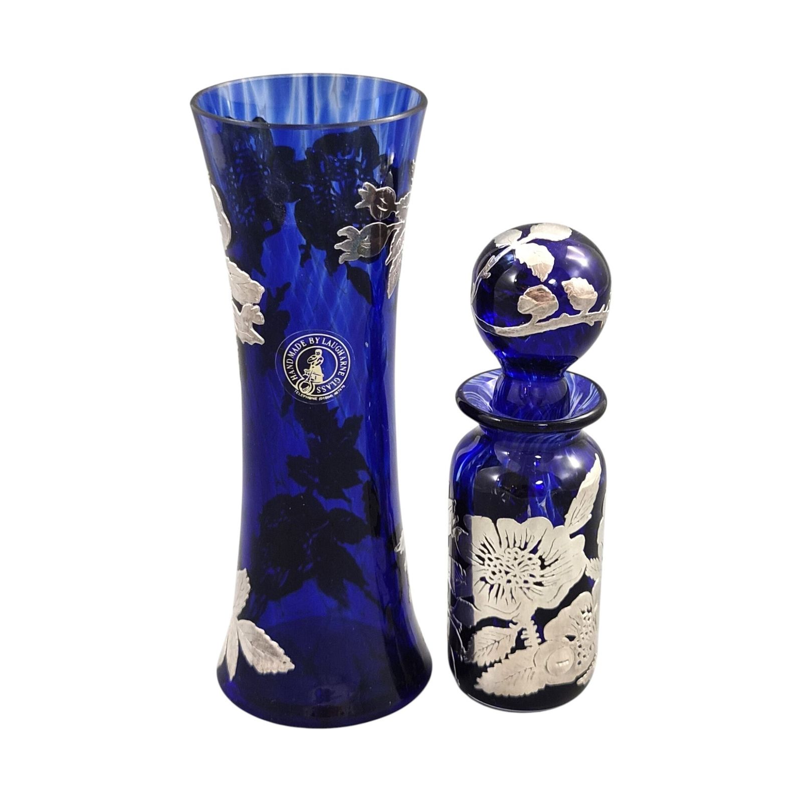 Laugharne Glass, Wales, Vintage Kobaltglazen Vaas En Parfumfles Met Sterling Zilveren Overlay, Ca. 1980s photo for sale