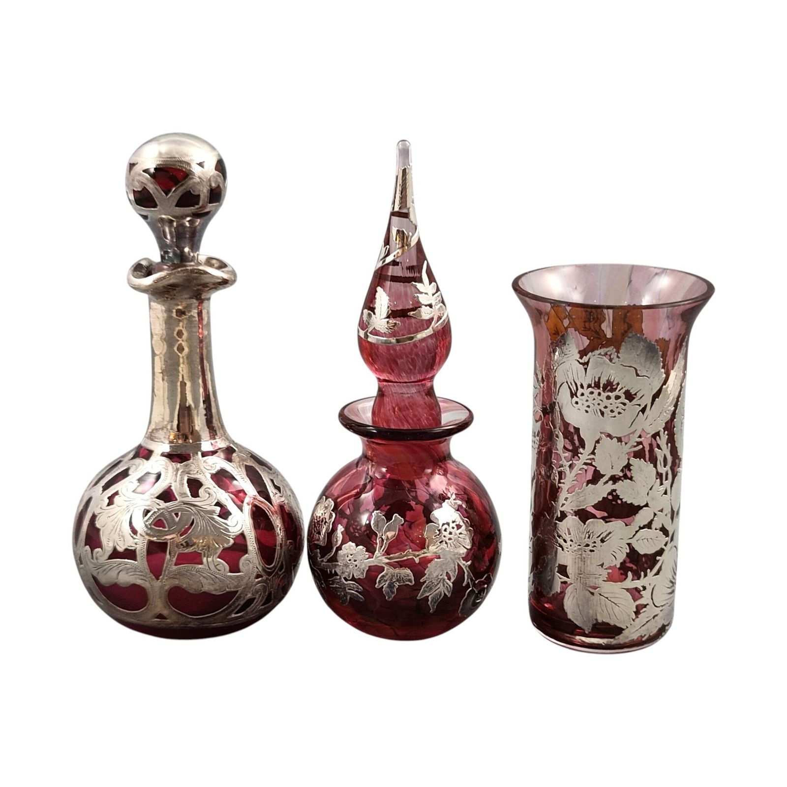 Gorham & Laugharne Robijnrood Glas en Zilver Vanity Ensemble, ca. 1900/ca. jaren 1980 photo for sale