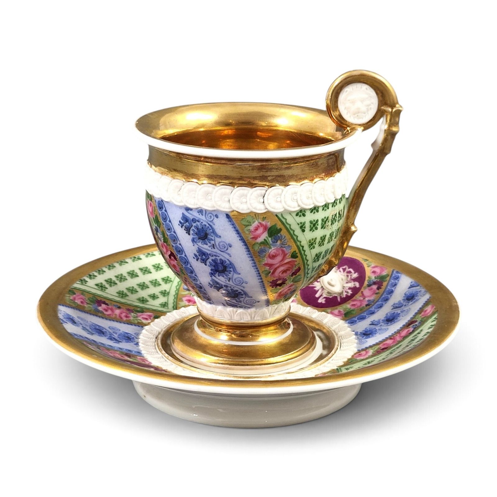 French Old Paris (Vieux Paris) Cabinet Cup And Saucer With Biscuit Lion Mask, C.1820