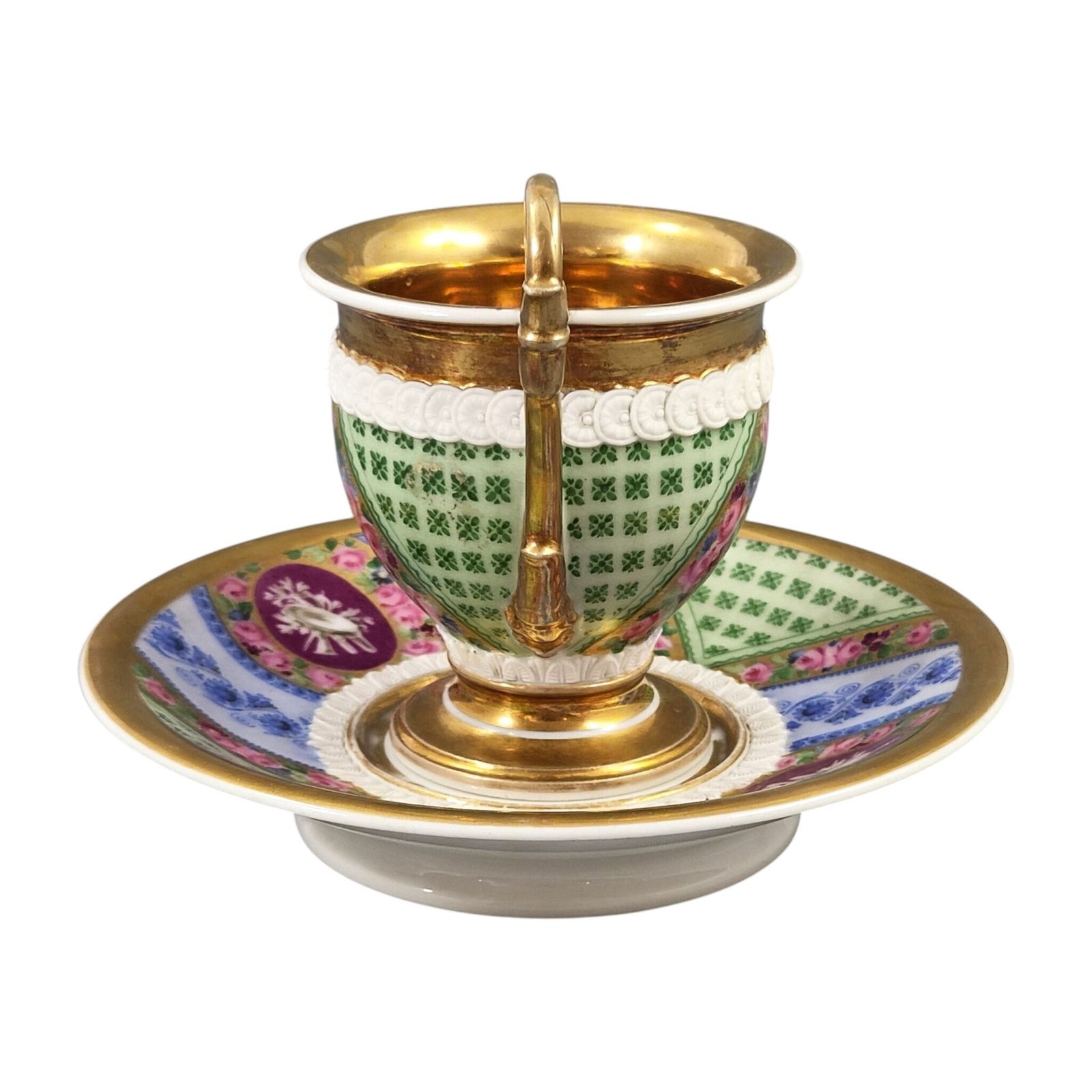 Franse Old Paris (Vieux Paris) Kast Kop en Schotel met Biscuit Leeuwenmasker, ca. 1820 photo furniture
