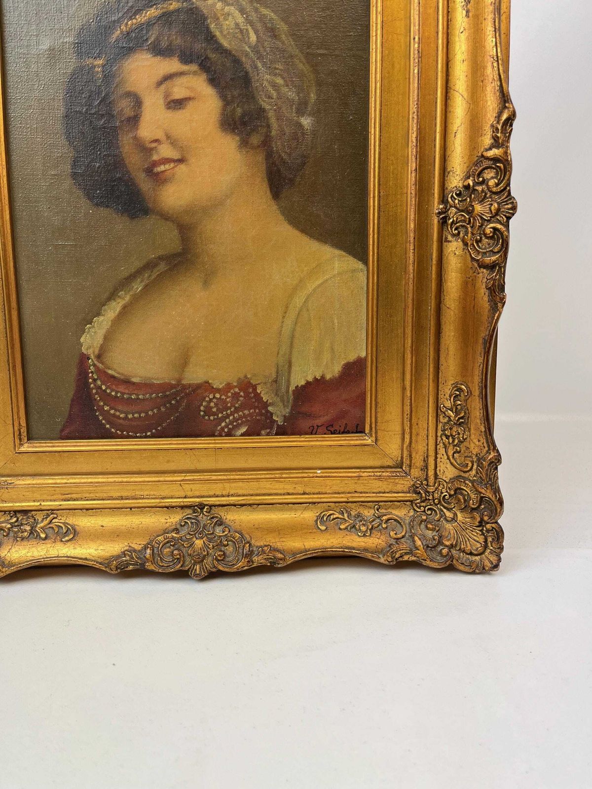 photo furniture Portrait de femme Art Nouveau d'époque, huile sur toile en cadre doré ornemental, Allemagne, vers 1890