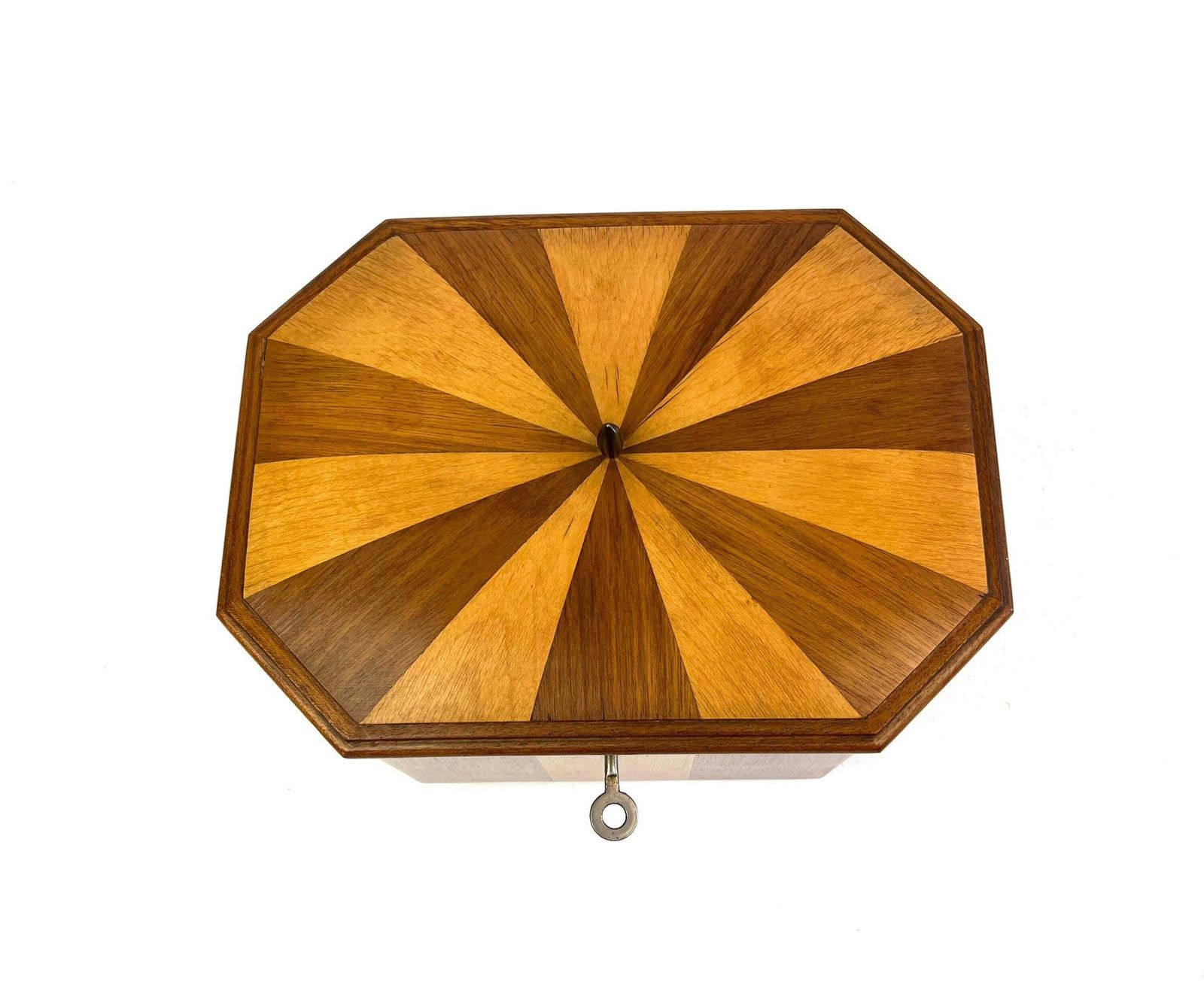 Grote zeldzame mid-century sieradendoos, zonnestraalmarqueterie fineer, slot met sleutel, Duitsland 1950 photo Woonaccessoires