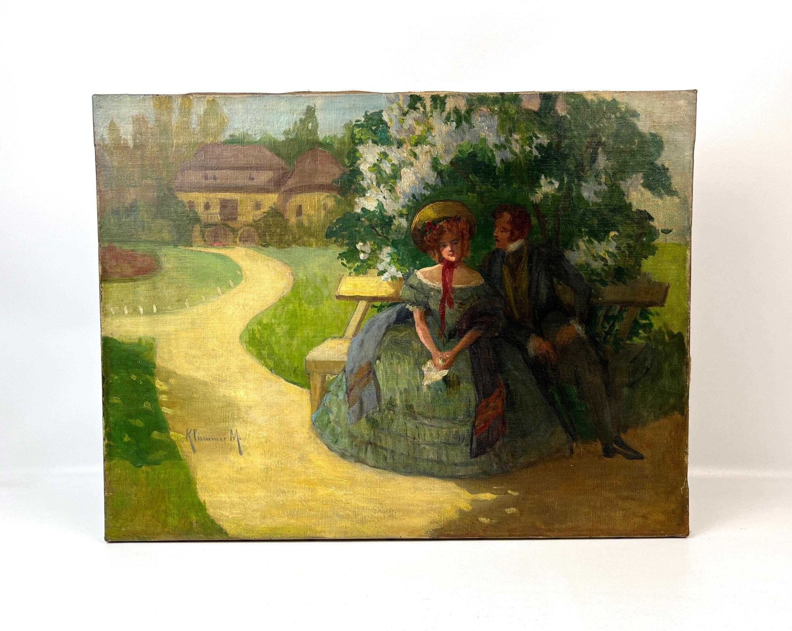 Antiek Duits olieverfschilderij op doek, romantisch koppel, Art Nouveau, gesigneerd M. Klummer, ca. 1890