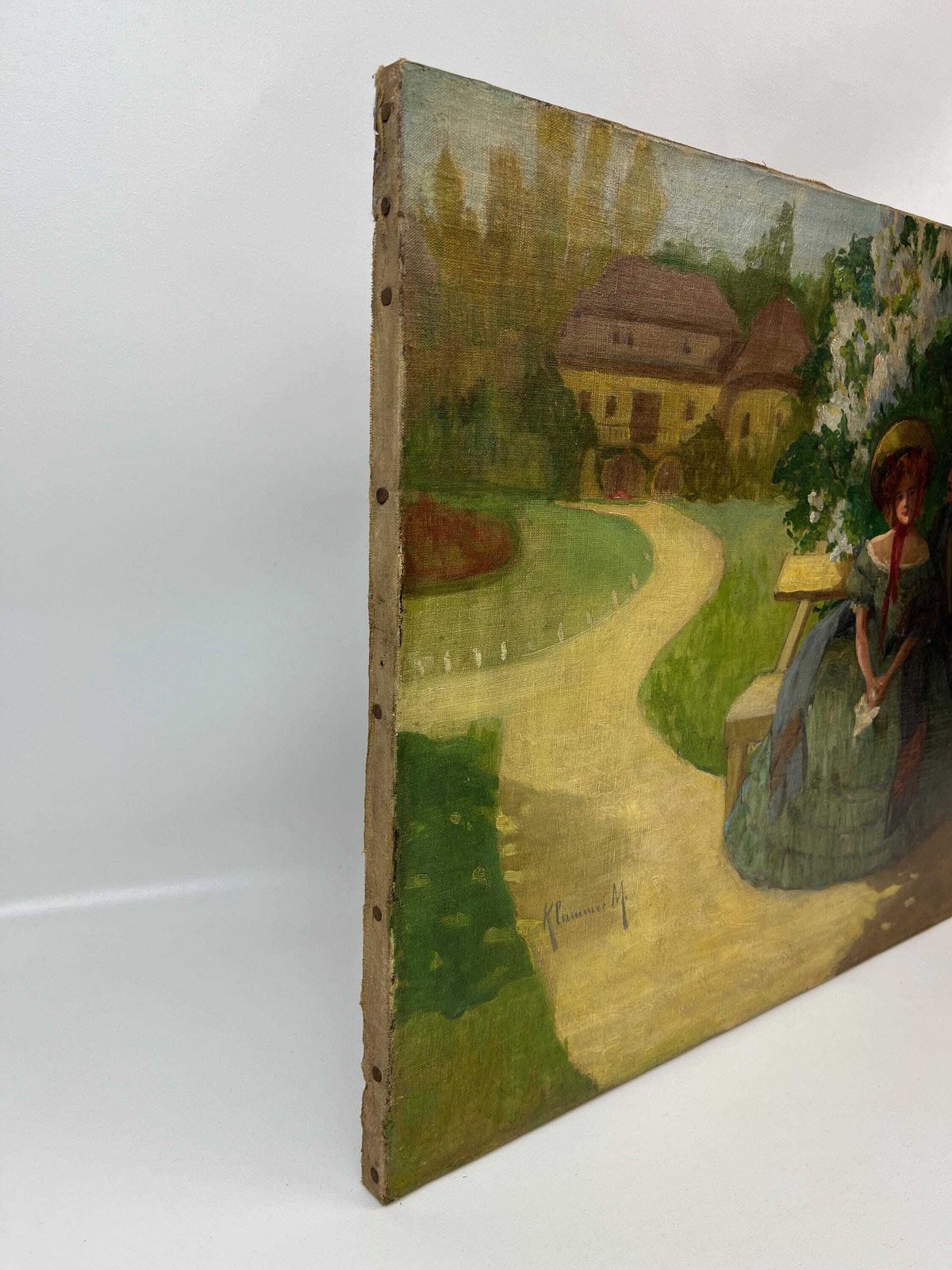 Antiek Duits olieverfschilderij op doek, romantisch koppel, Art Nouveau, gesigneerd M. Klummer, ca. 1890 photo buy
