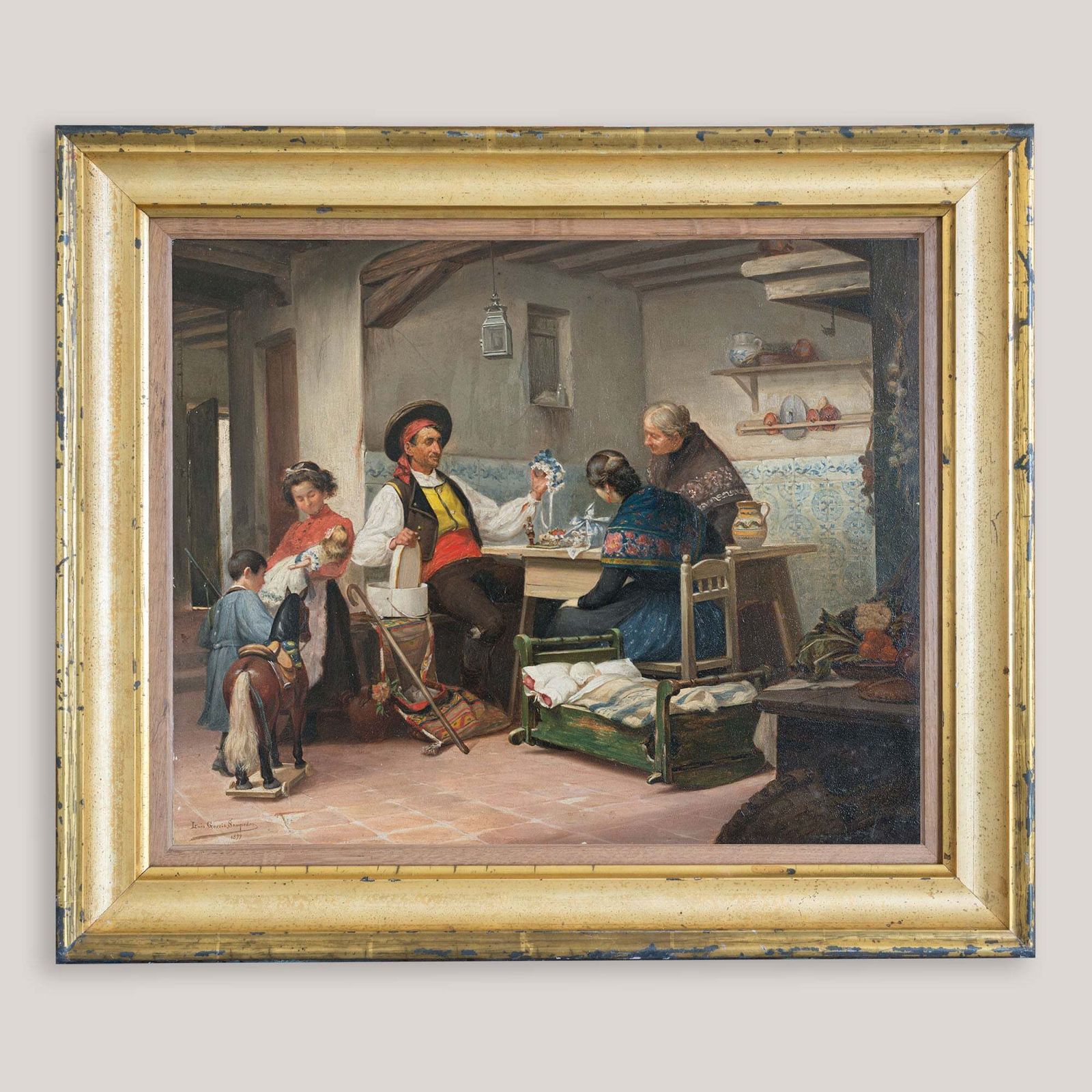 Reizende Speelgoedverkoper van Tomás García Sampedro (1860-1937), olieverf op paneel, 1899 photo furniture