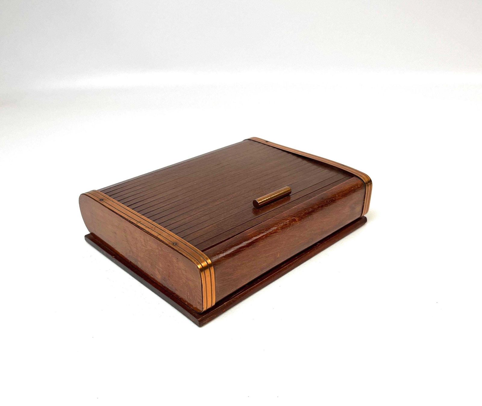 Zeldzame art deco Bauhaus sieradendoos van hout en koper met rolluiksluiting, ca. 1930. photo furniture