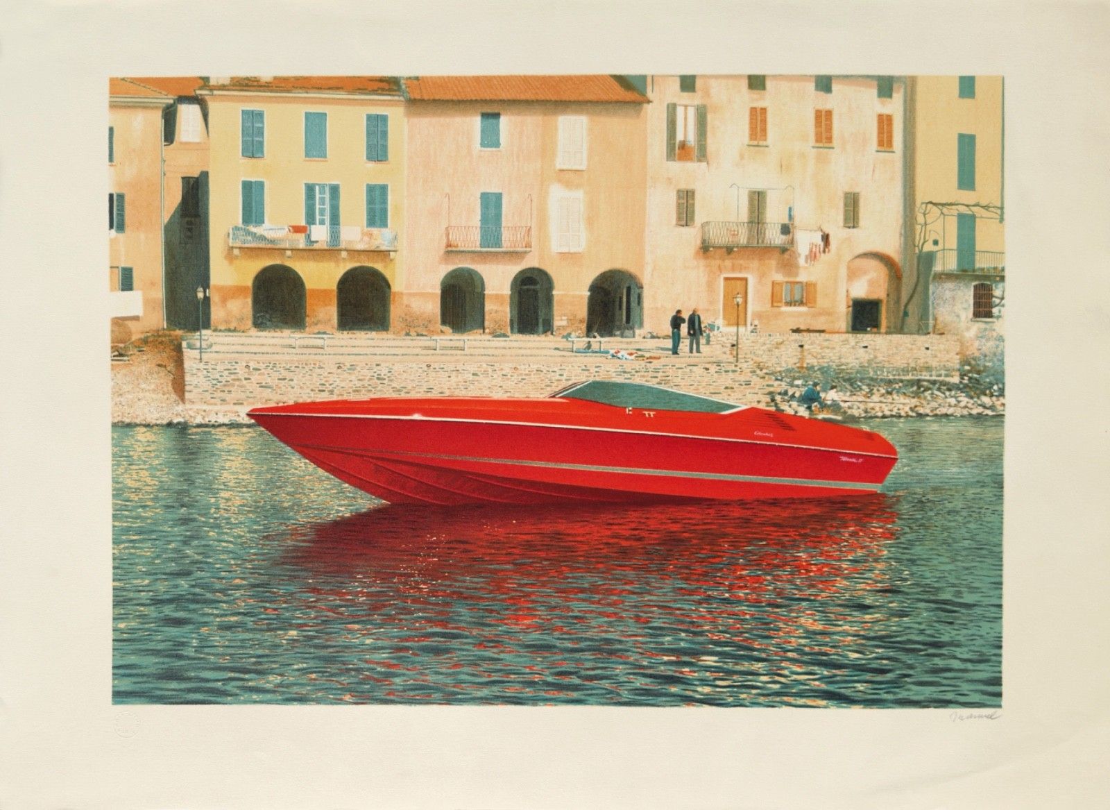 Emmanuel Valentino Airy Lithografie Gesigneerd Riva Ferrari Boot Jacht Landschap