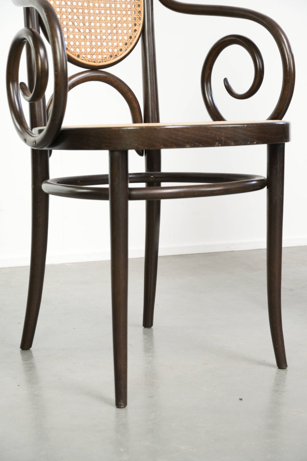 photo for sale Set Of 2 Original Vintage Thonet Design Chairs, Model Long John, With Armrests, A High Back, Webbing Seat And Backrest, And An Elegantly Curved Wooden