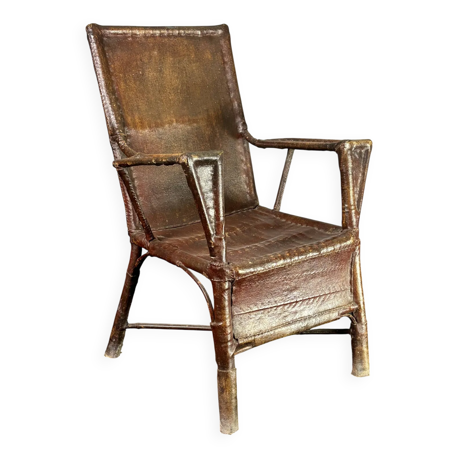Fauteuil colonial Art Déco en rotin, revêtement en toile cirée, années 1920