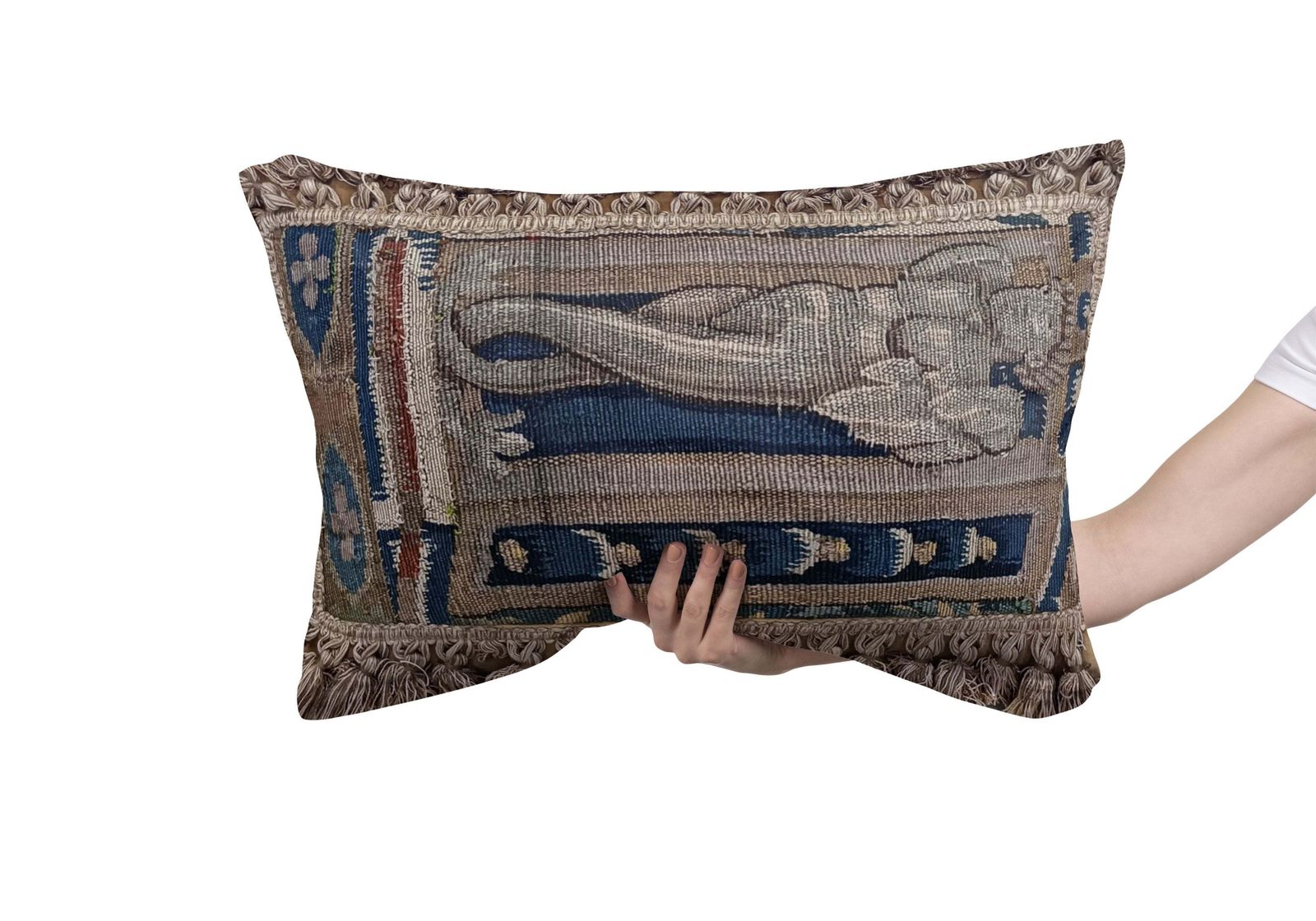 Rare 17th Century French Aubusson Tapestry Cushion With Figural Design & Tassels photo for sale