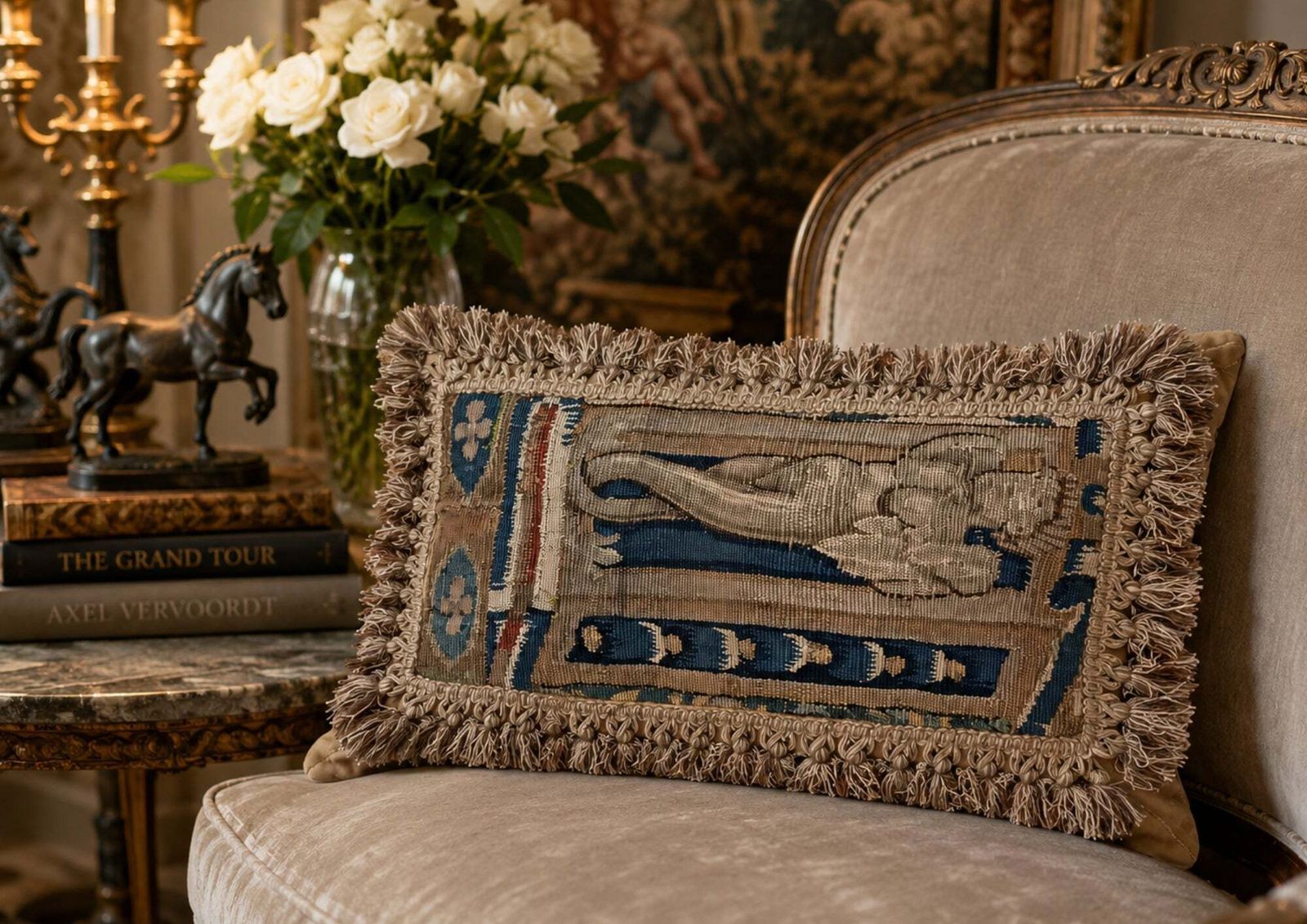 photo for sale Rare 17th Century French Aubusson Tapestry Cushion With Figural Design & Tassels