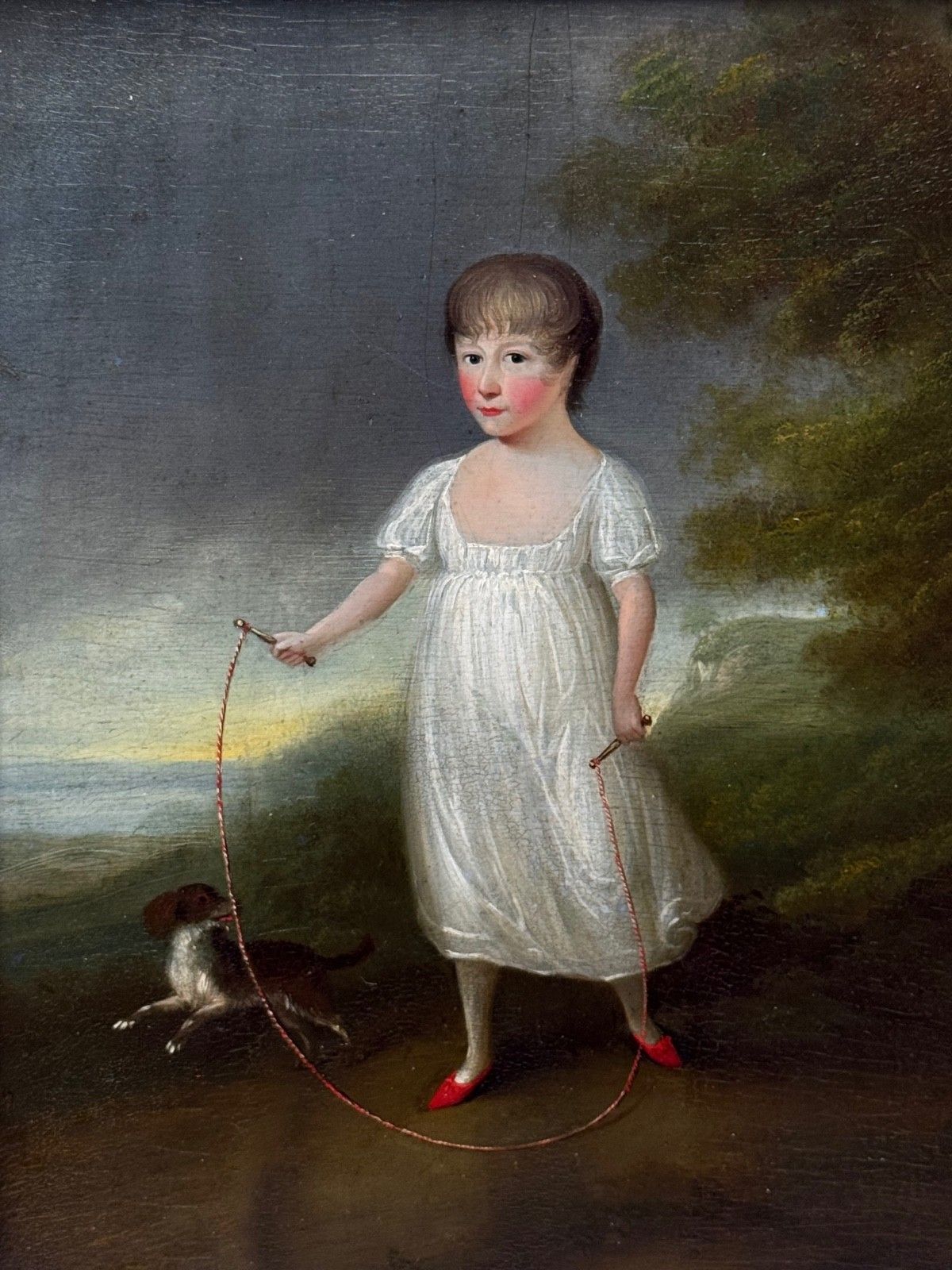 Olieverfportret uit het begin van de 19e eeuw, Louisa Cooke met Mr Quiz, in de stijl van George Romney, ca. 1802 photo furniture