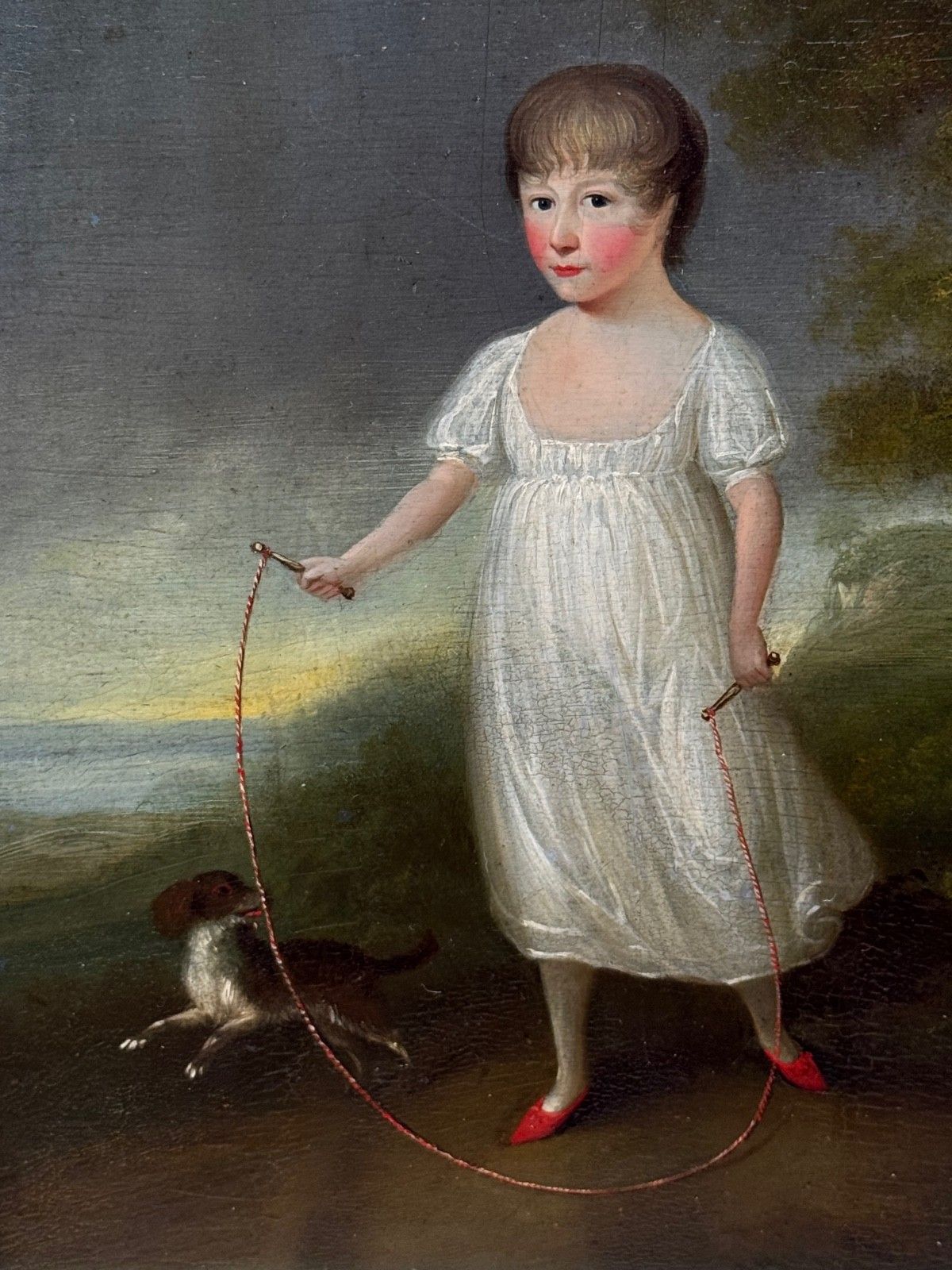 Olieverfportret uit het begin van de 19e eeuw, Louisa Cooke met Mr Quiz, in de stijl van George Romney, ca. 1802 photo for sale