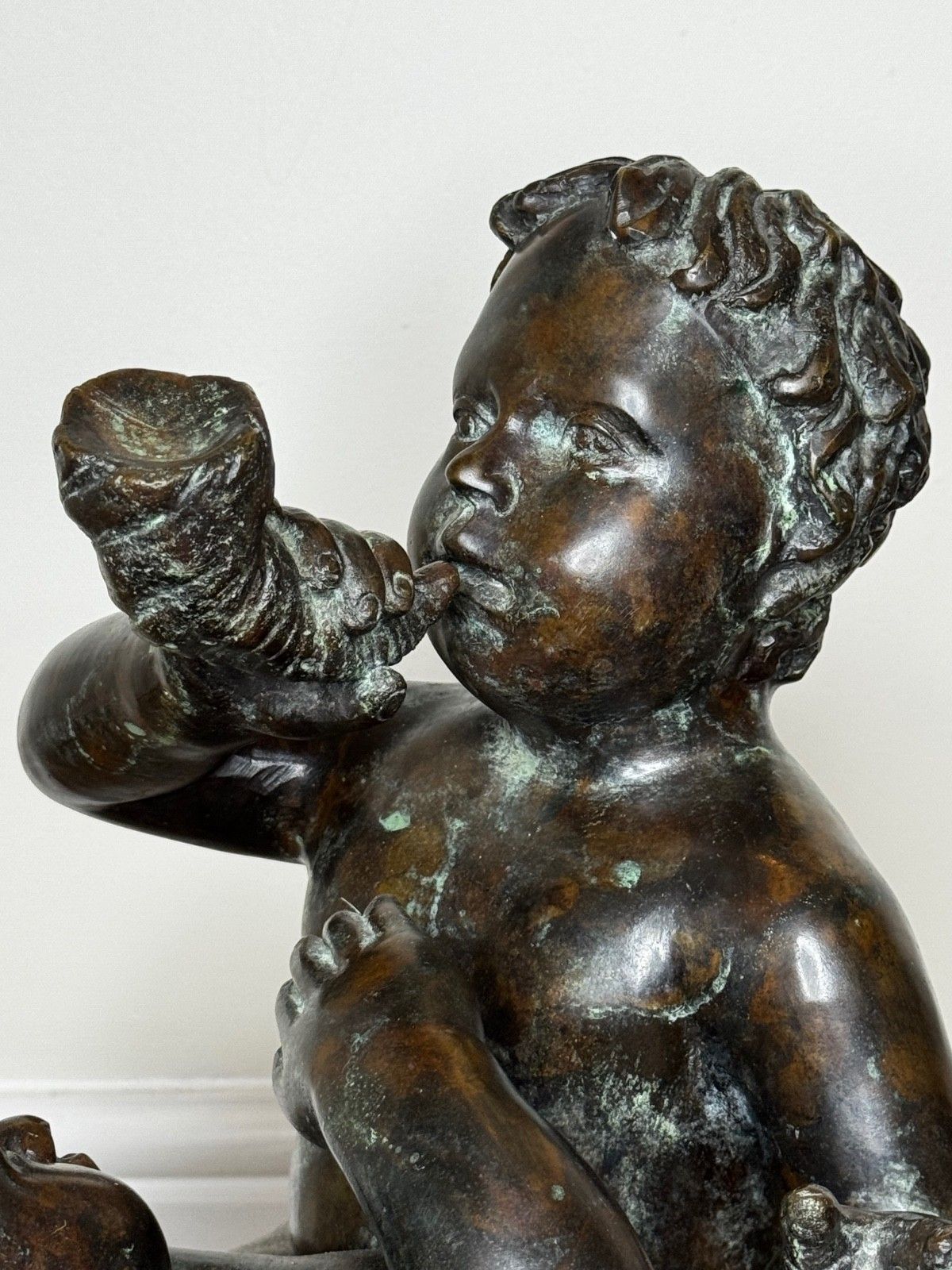 Bronze Group Call Of The Triton Conch Sea Putti  In The Manner Of Claude Michel photo vintage