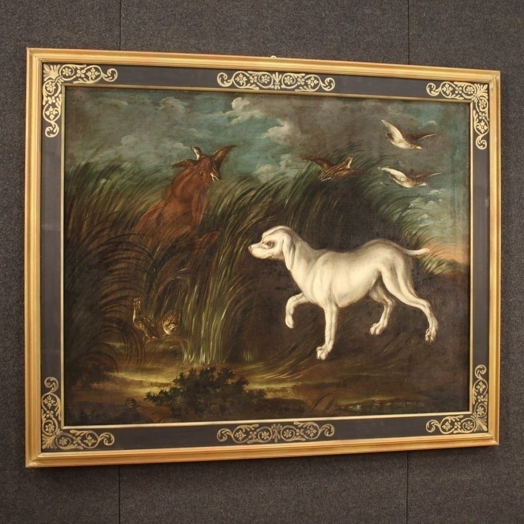 Antique French Painting From 18th Century Landscape With Dog photo vintage