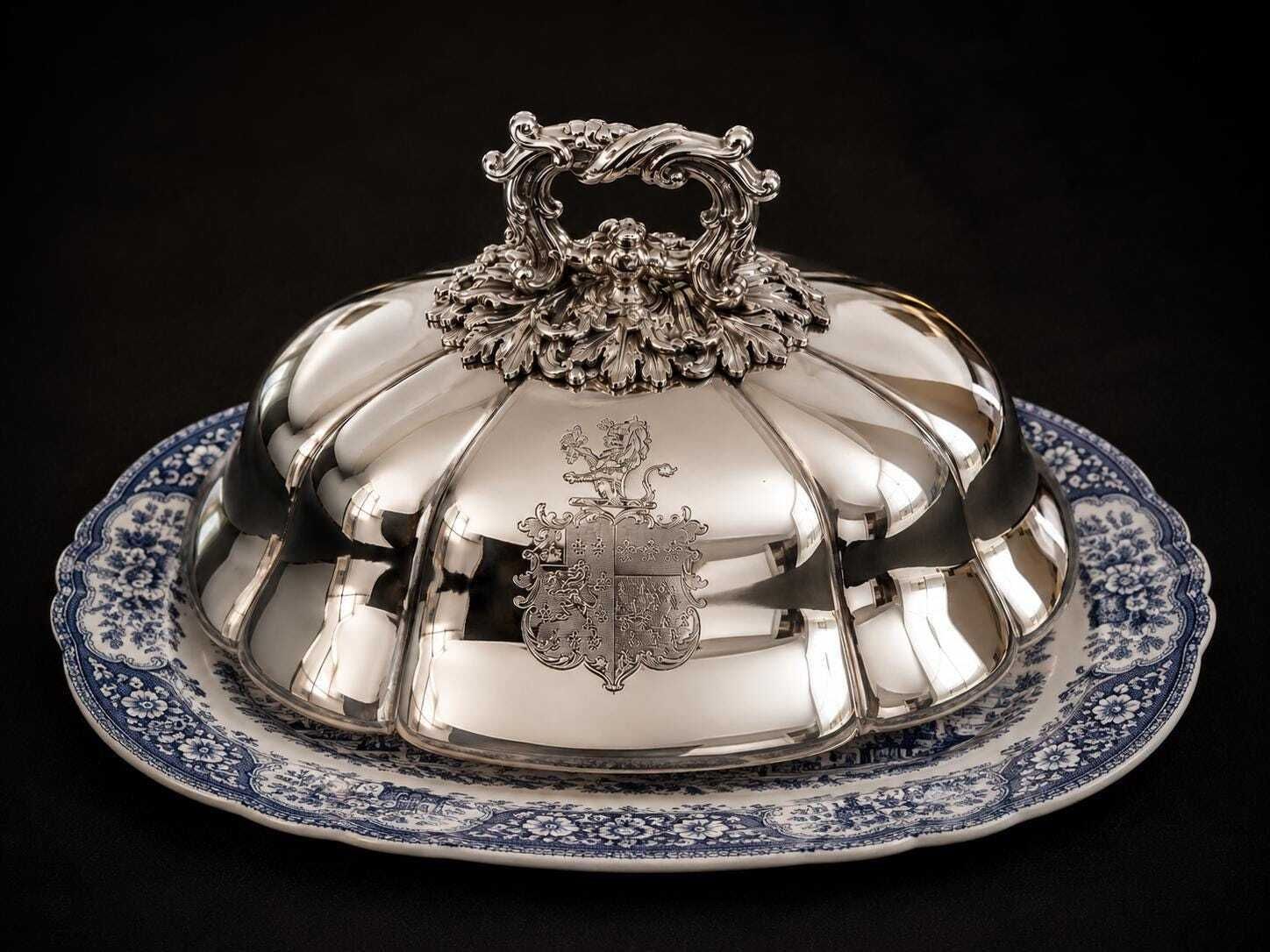 Antique Victorian Silver Plate Meat Dome Cloche, C.1880 English Serving Cover, Heraldic Crest, Heavy Quality Tableware photo furniture