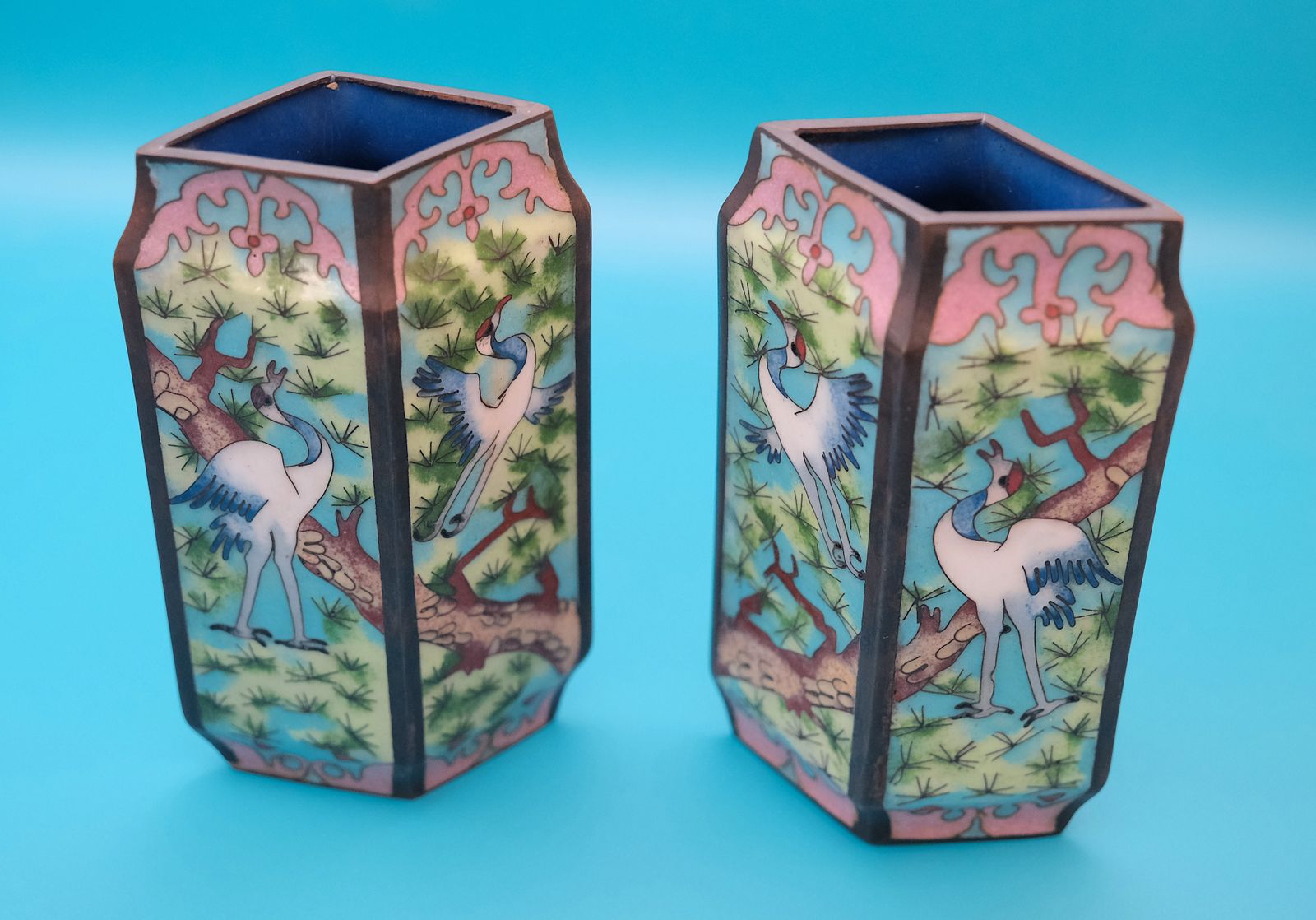 Pair Vintage Japanese Cloisonné Vases Crane Pine Design 20th Century Enamel Brass Bud Vases photo vinterior