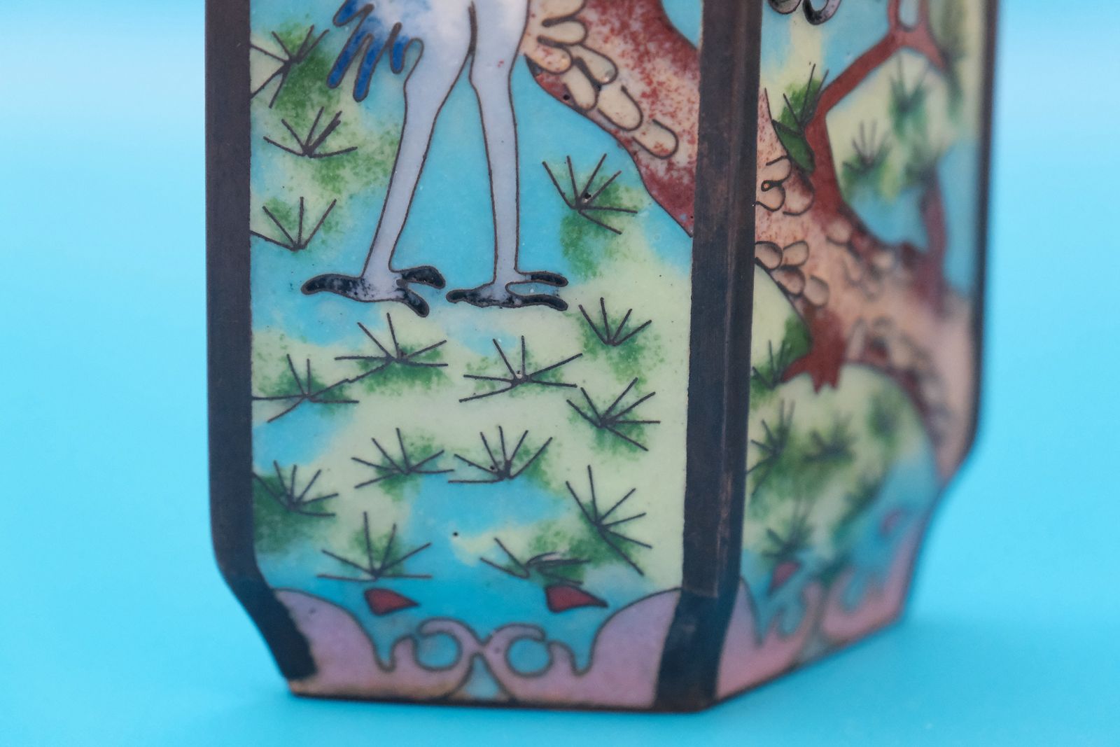 Pair Vintage Japanese Cloisonné Vases Crane Pine Design 20th Century Enamel Brass Bud Vases photo vintage