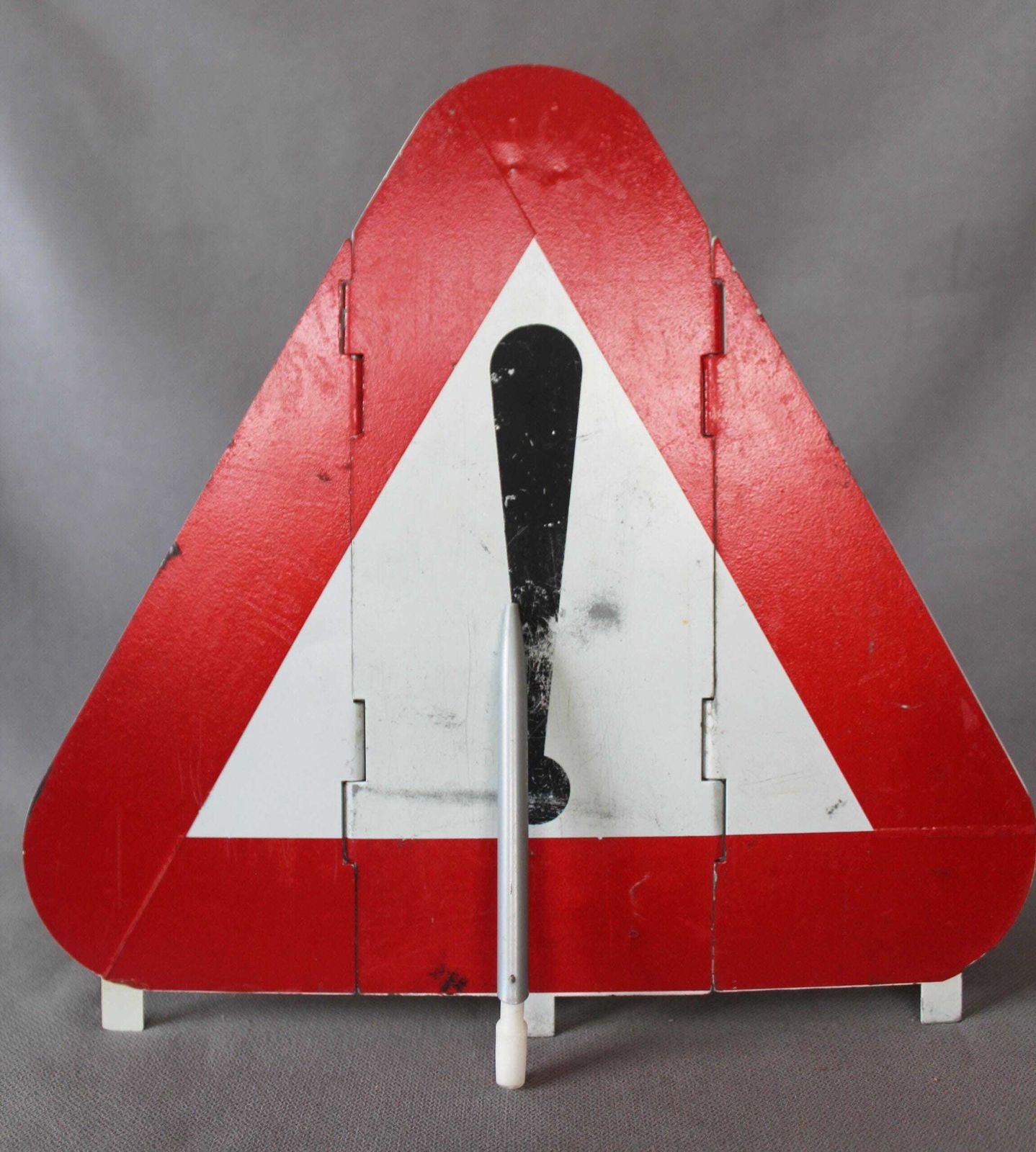 Large Vintage European Steel Folding A51 Triangle Road Warning Sign, Three Foldable Section, Red And White, Belgium Rog, Danger Hazard photo Home Decor