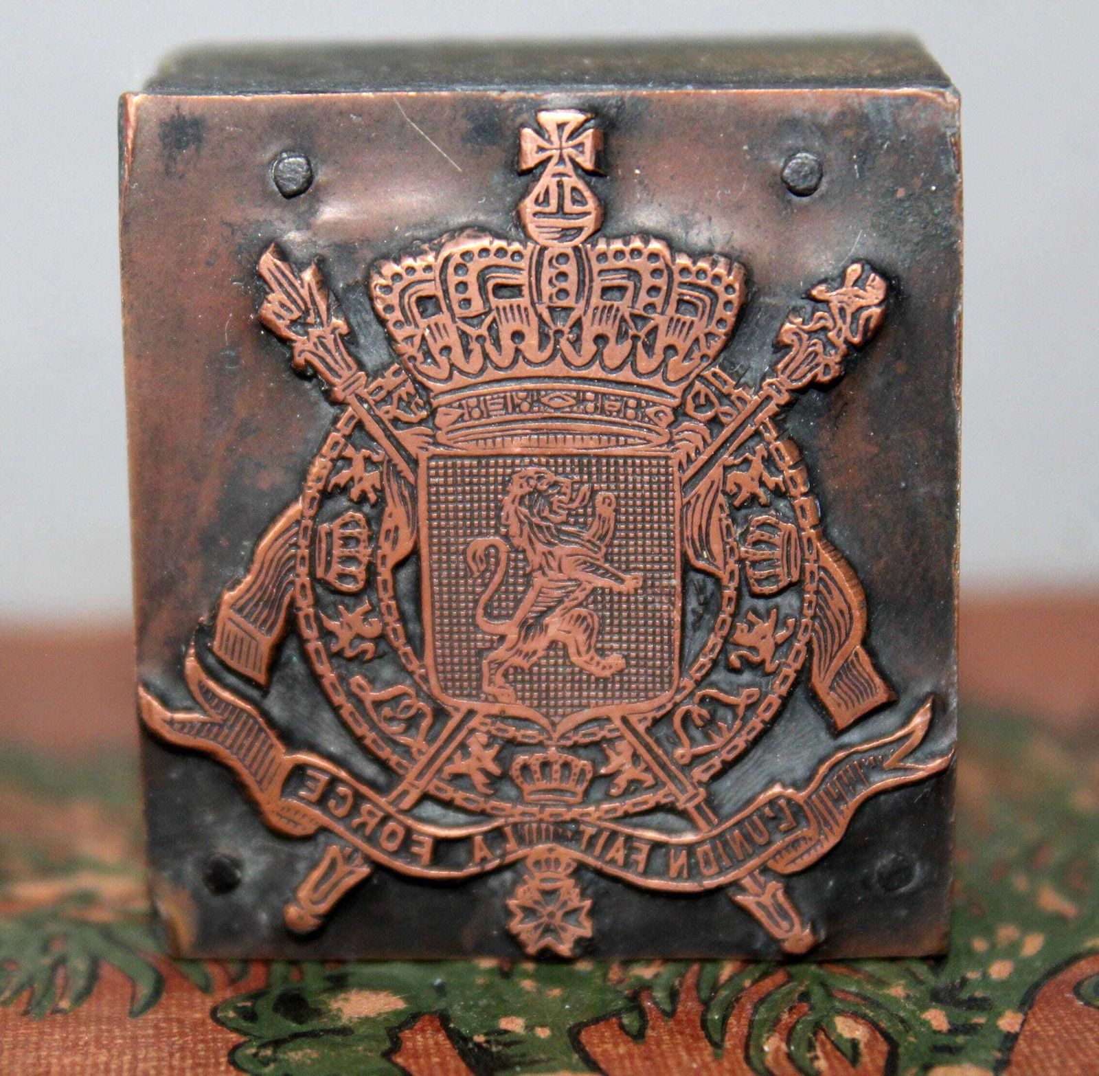 Vintage Belgium Coat Of Arms Copper Printing Plate, Belgian Crest, Lion Crown Order Of Leopold, Union Fait La Force, Printing Stamp, Block