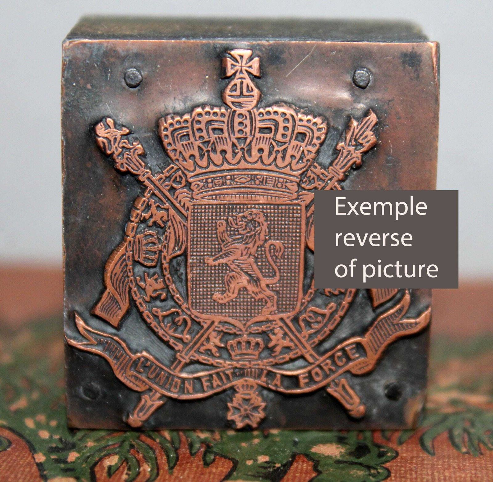 Vintage Belgium Coat Of Arms Copper Printing Plate, Belgian Crest, Lion Crown Order Of Leopold, Union Fait La Force, Printing Stamp, Block photo furniture