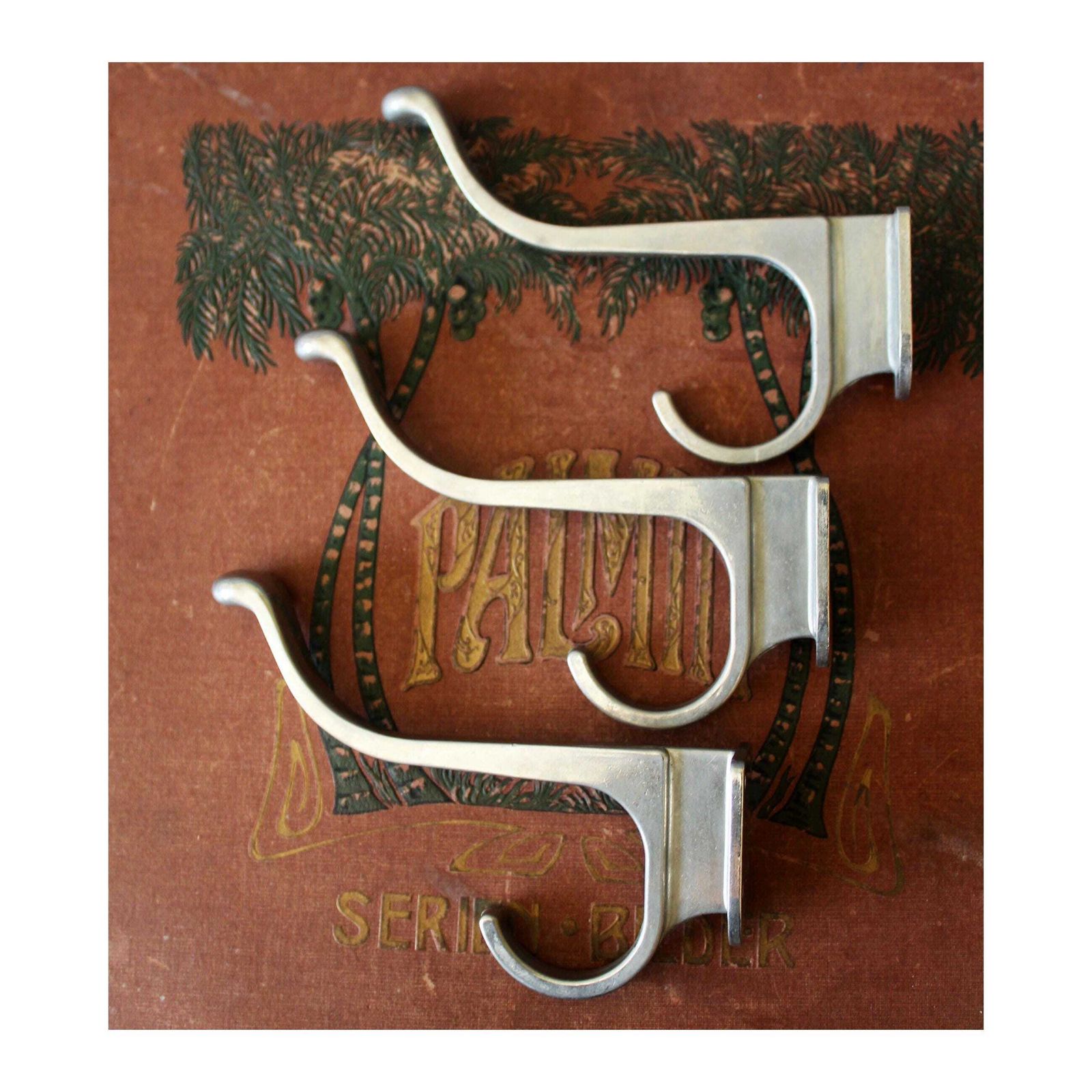 Set Of 3 Vintage Art Deco Style Double Hook, Chrome Aluminium, Back Plate, Hardware, Clothes Hook, Hat And Coat, Silver Gray