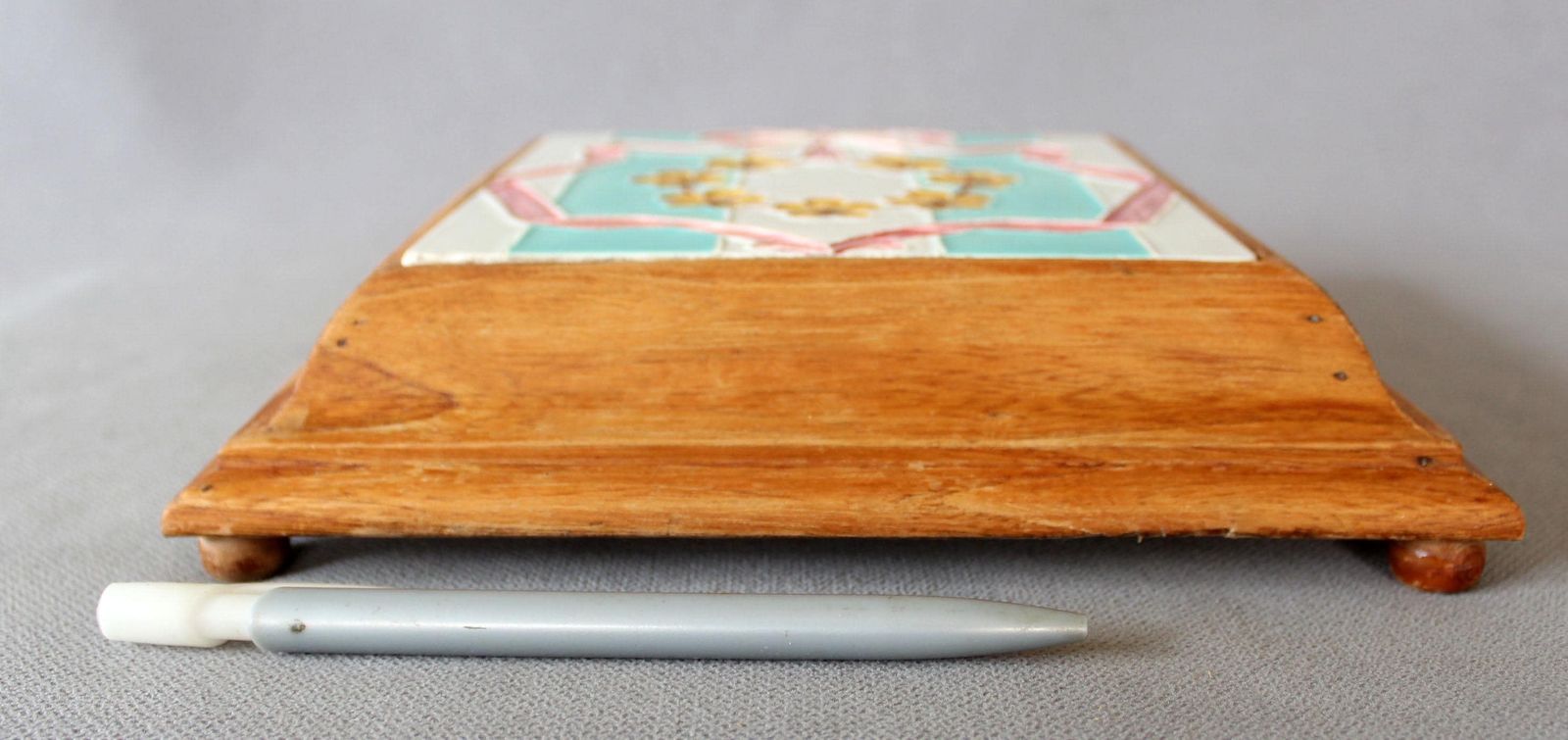 Antique Art Nouveau Majolica Ceramic Tile Trivet In Footed Wood Base, Plant Stand, Pink Ribbon, Amber Floloral Wreath, Wedding Gift photo vintage