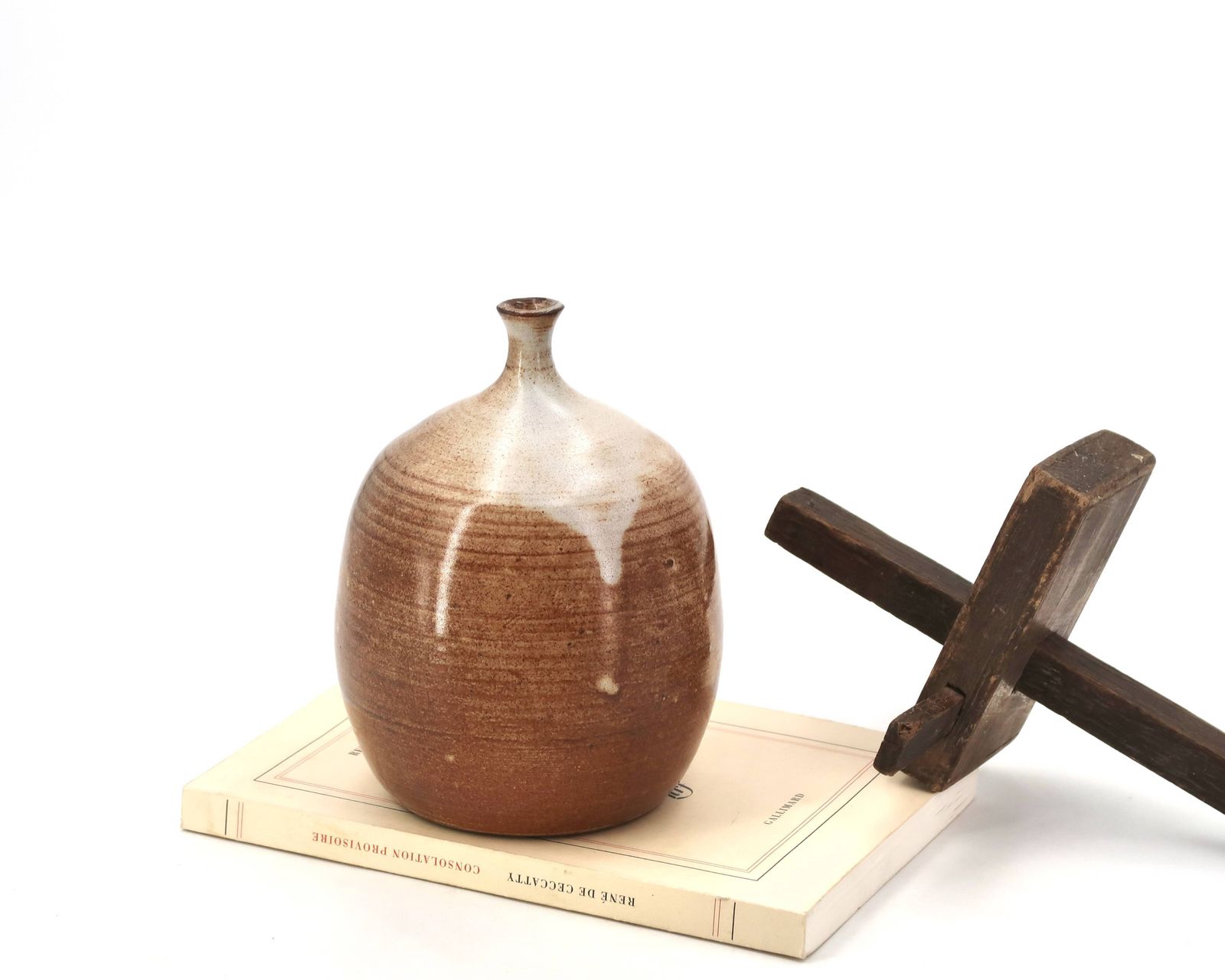 Ovoid Vase With A Small Neck In Brown Beige Ceramic And White Drips. photo for sale