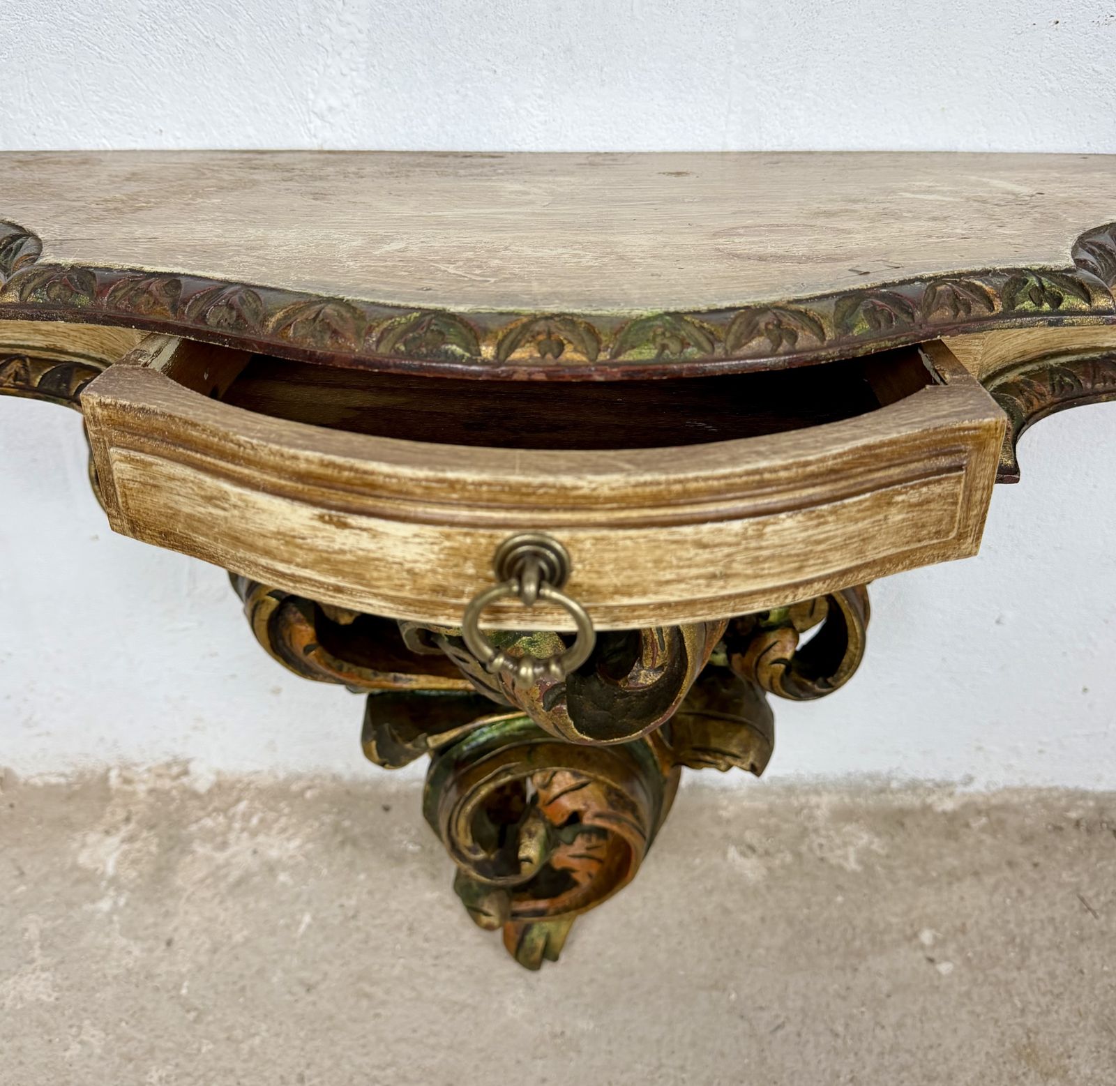 Pair Of Italian Polychromed Wall Pedestals With Marble Tops, Mid 20th Century photo vinterior