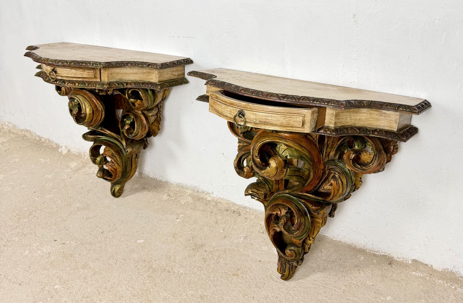 photo for sale Pair Of Italian Polychromed Wall Pedestals With Marble Tops, Mid 20th Century