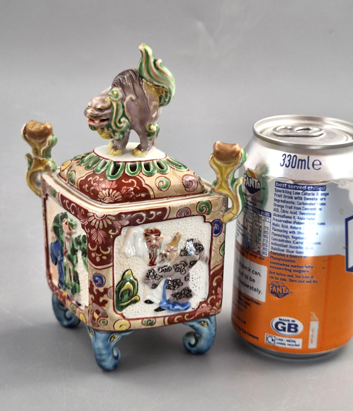 400.0 Japanese Kutani Porcelain Koro Incense Burner, Karashishi Finial And Elephant Head Feet, Meiji Period C.1890, Antique Censer photo