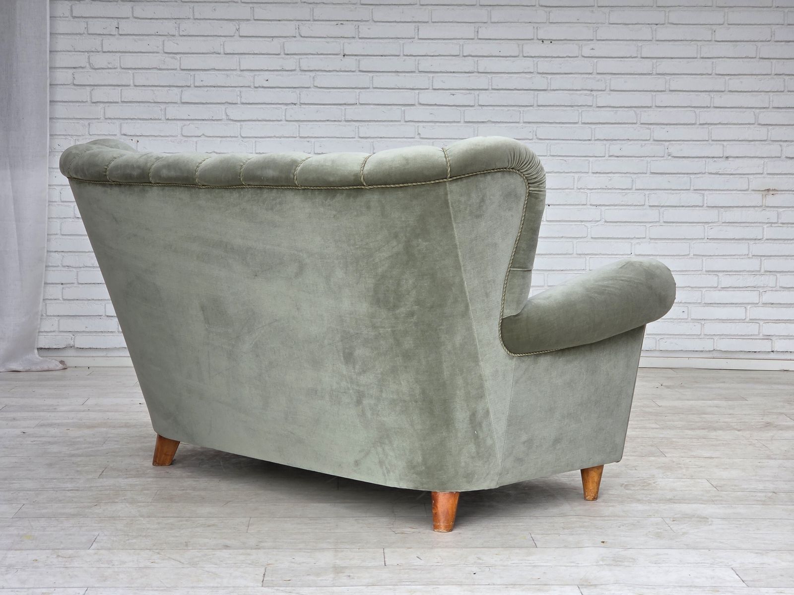 photo buy 1960s, Danish 2 Seater Sofa. Light Green Furniture Velour.