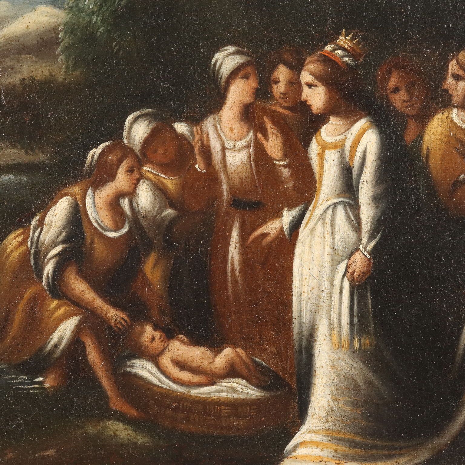 Tableau d'époque, XVIIe-XVIIIe siècle, Moïse sauvé des eaux, huile sur toile photo for sale